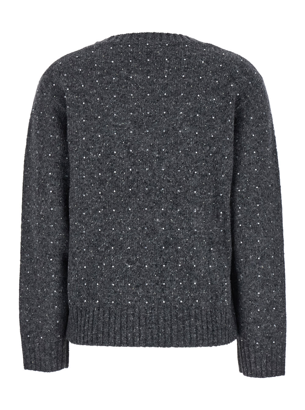 Shop Pinko Grey Crewneck Sweater With Crystal Embellishments In Wool Blend Woman