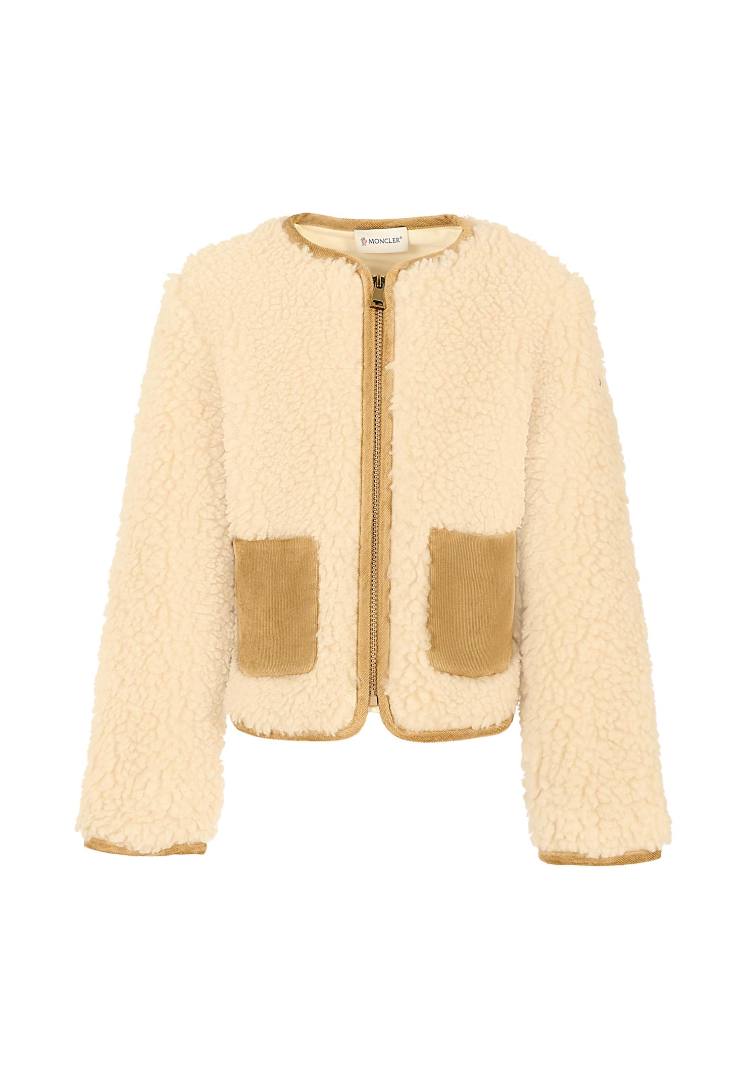 Moncler Ivory Fur Coat For Girl With Logo In Nude