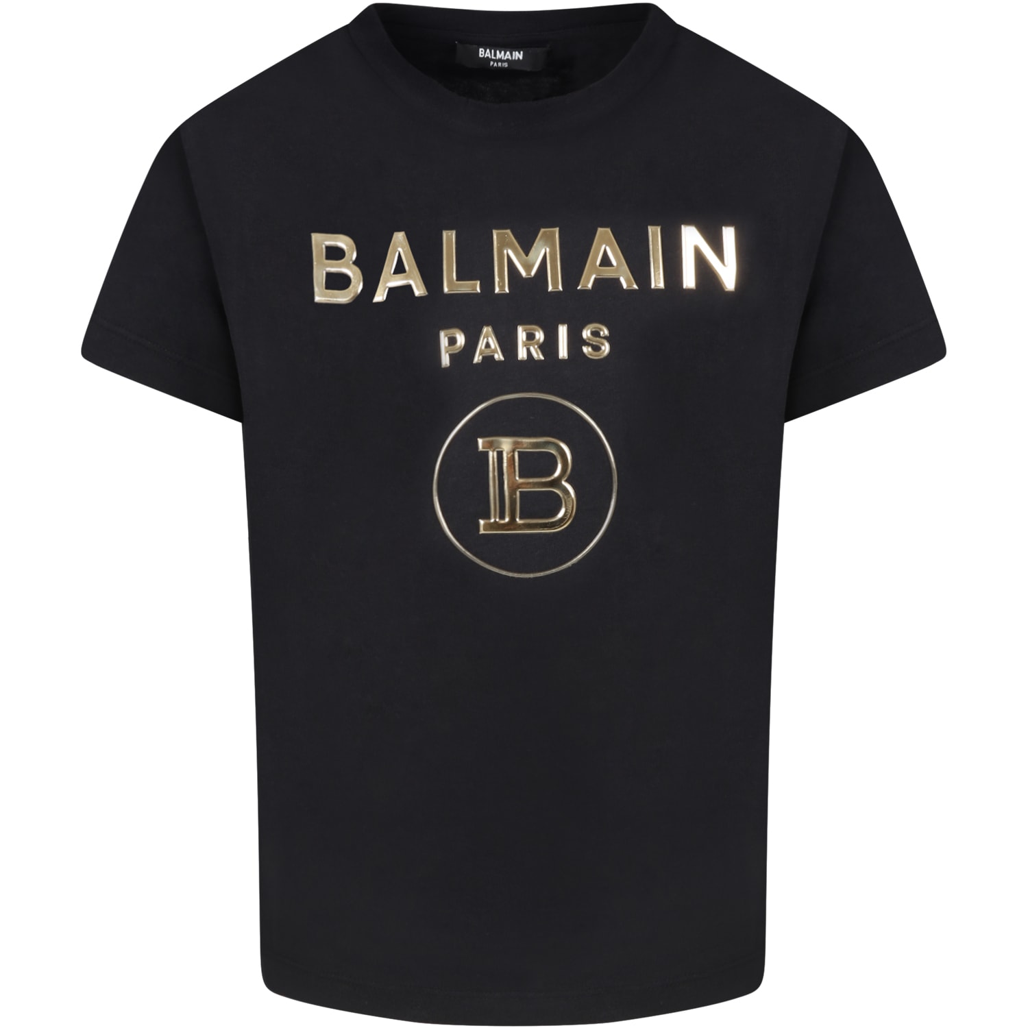 Balmain Black T-shirt For Kids With Double Golden Logo
