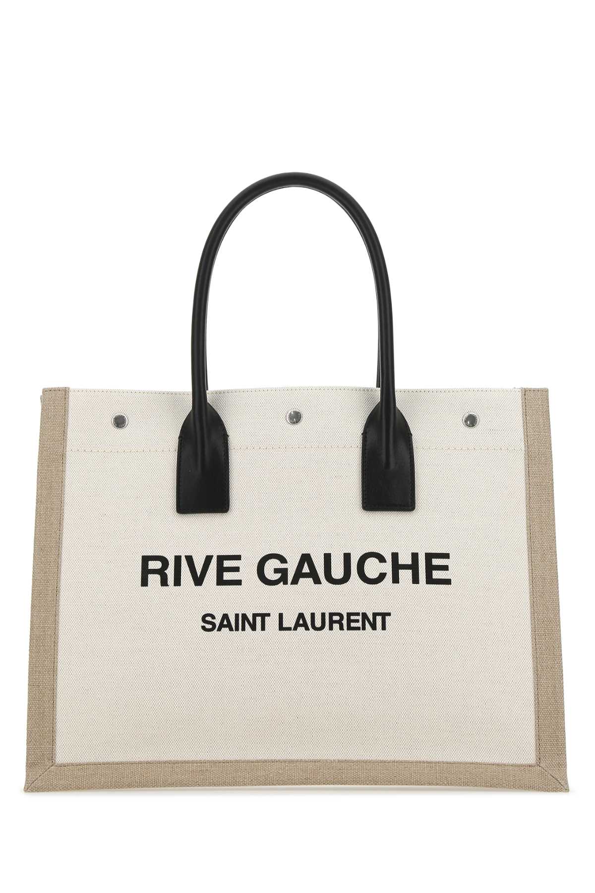 Shop Saint Laurent Sand Canvas Big Rive Gauche Shopping Bag In Gregeblacknatural