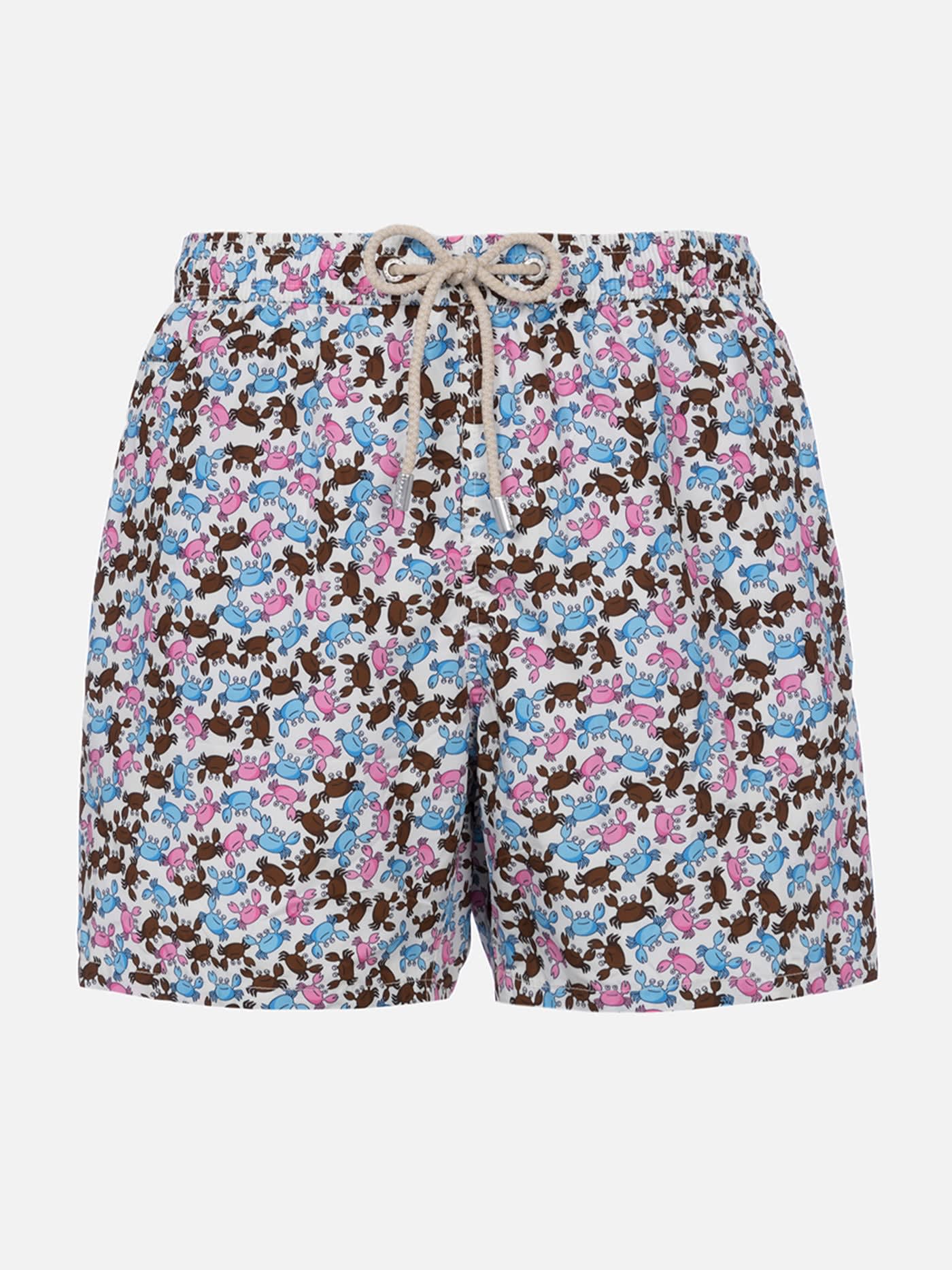 Shop Mc2 Saint Barth Man Lightweight Fabric Swim-shorts Lighting Micro Fantasy With Crabs Print In White