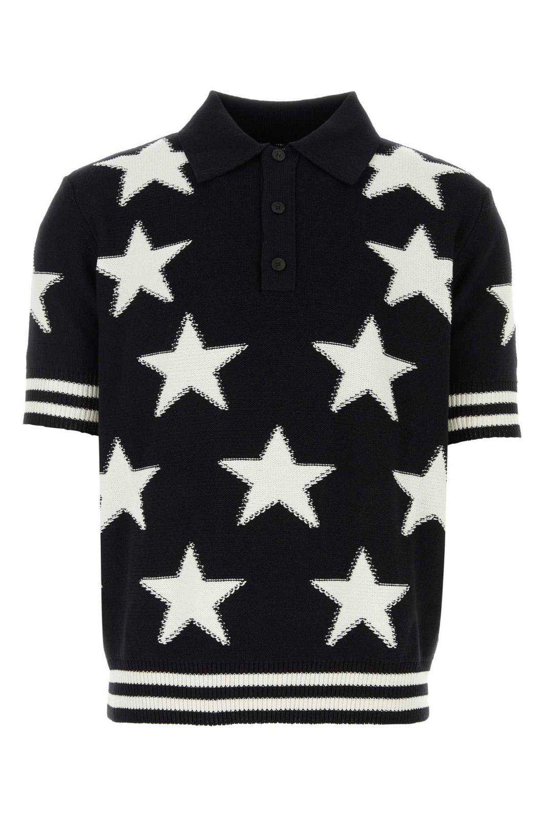 BALMAIN TWO-TONED STAR INTARSIA-KNIT POLO SHIRT