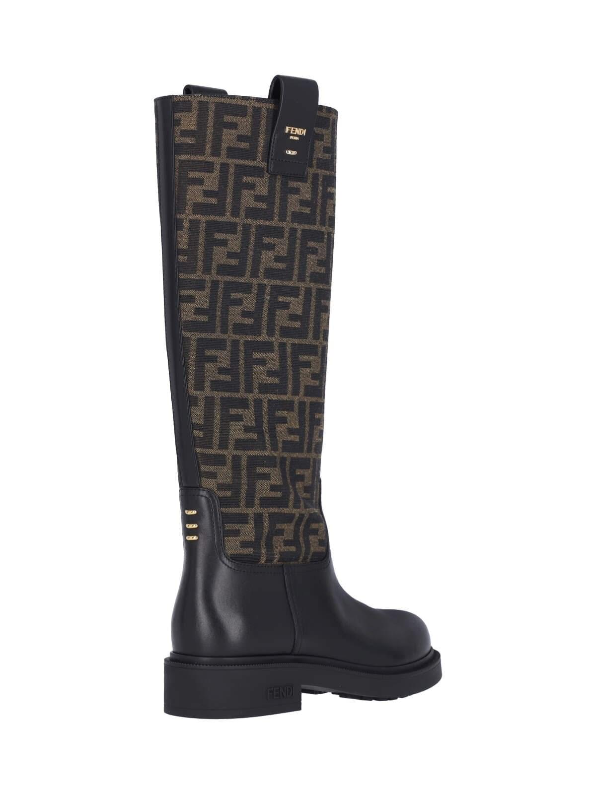 Fendi Tall Boots With Signature Monogram Pattern And Branded Detailing In Black