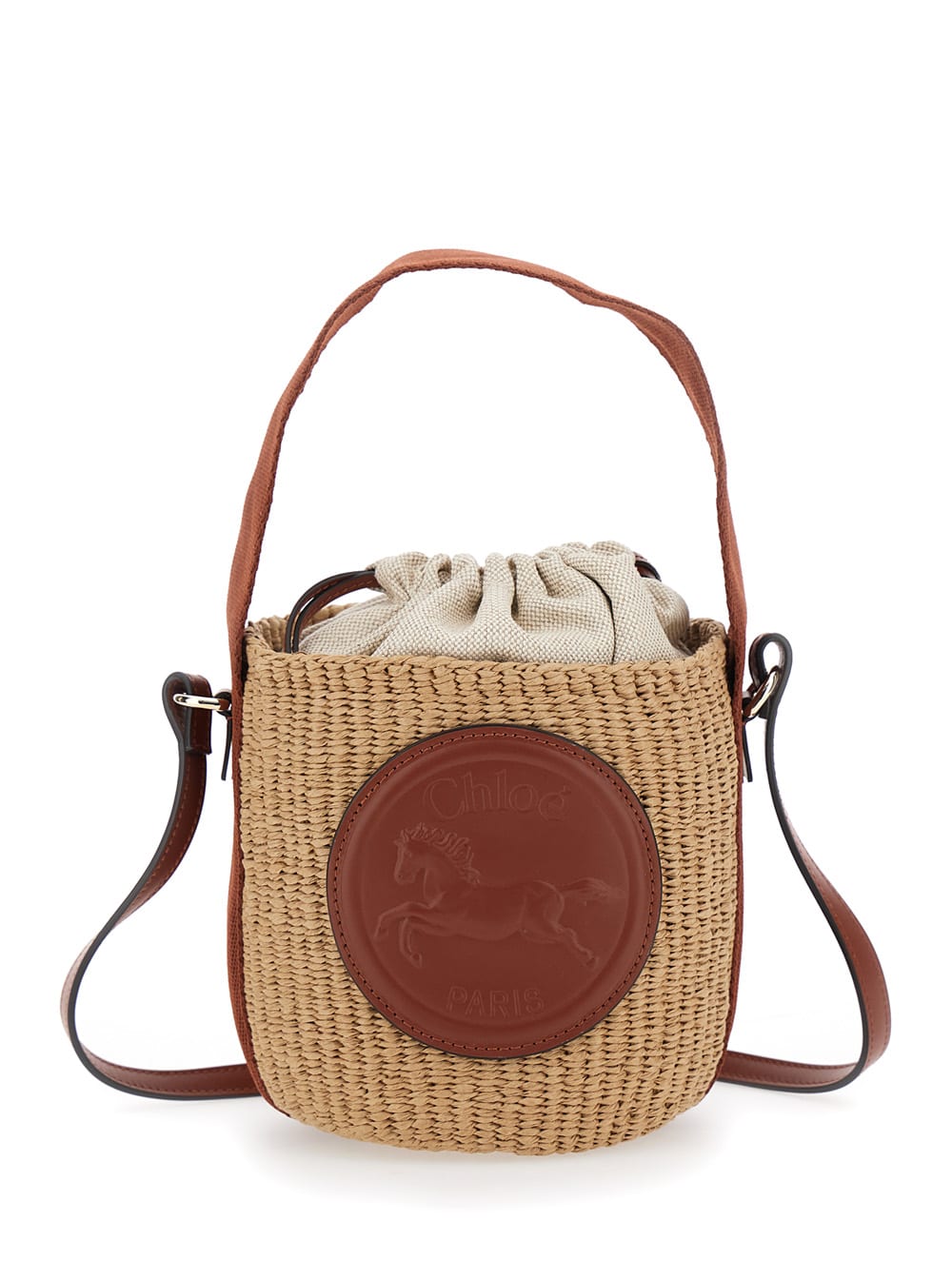 Chloé Horse Medal Small Beige Bucket Bag With Shoulder Strap And Logo Patch On The Front In Straw Woman In Sand