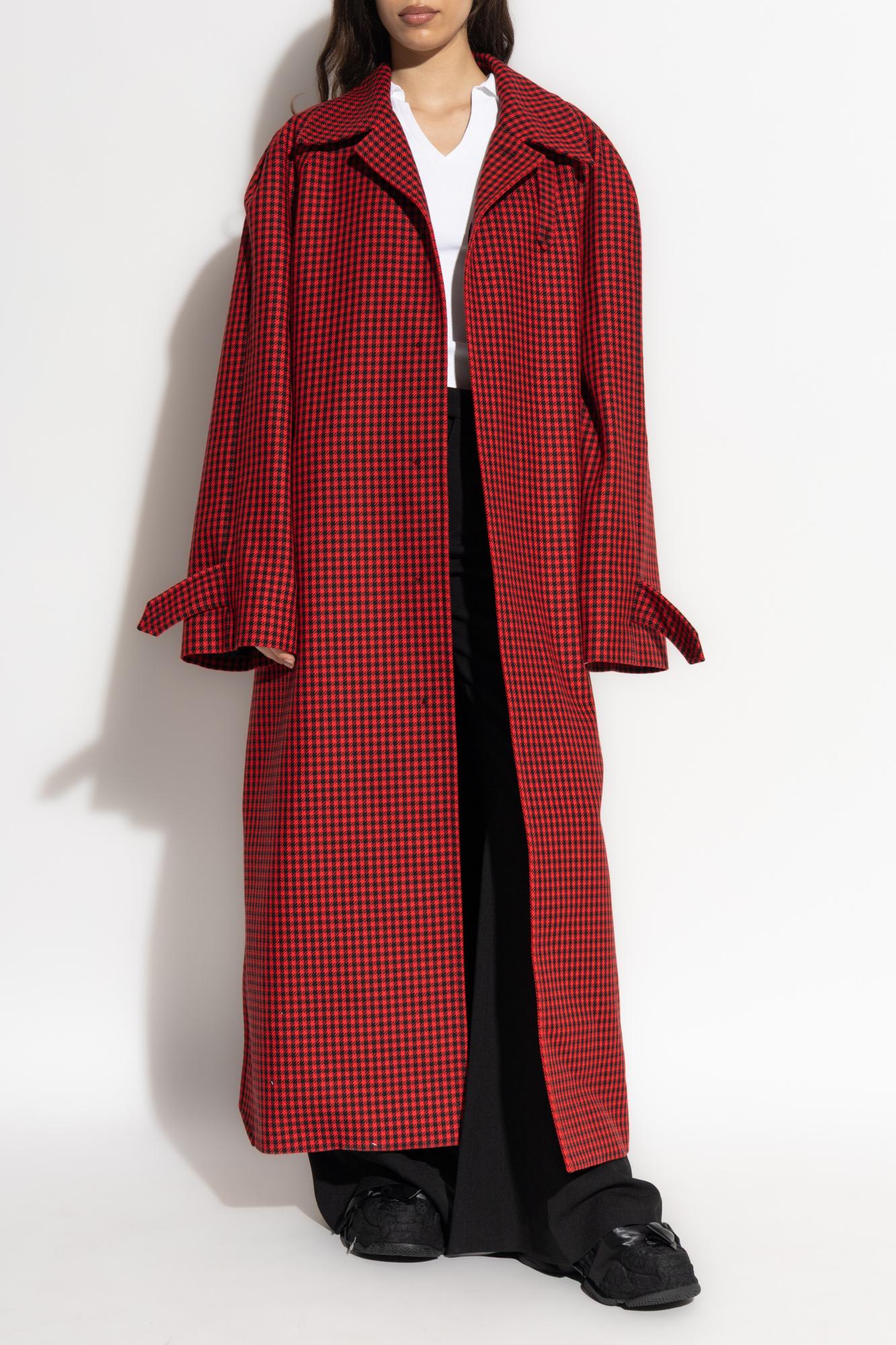 Balenciaga Houndstooth-pattern Belted Coat In Red