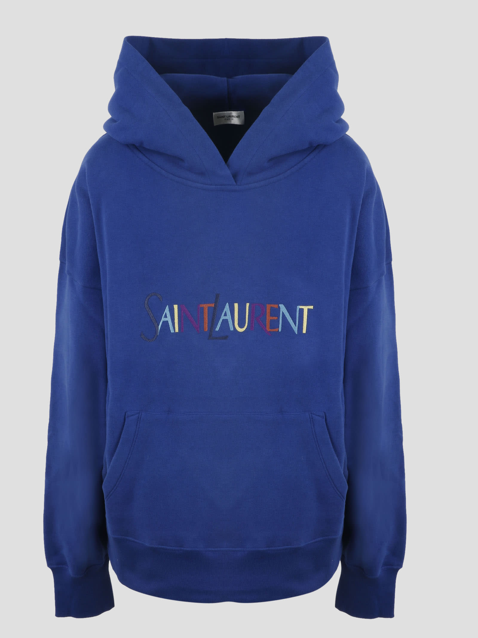Saint Laurent Embroidered-logo Long-sleeve Hoodie In Blue