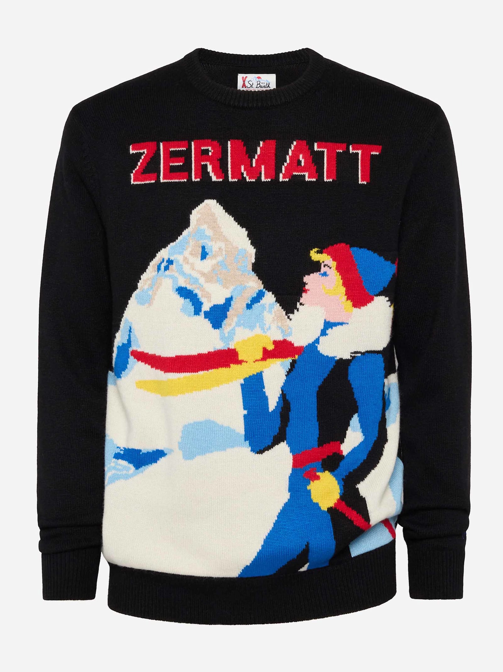 Mc2 Saint Barth Crewneck Sweater Heron With Zermatt Postcard Jacquard In Black