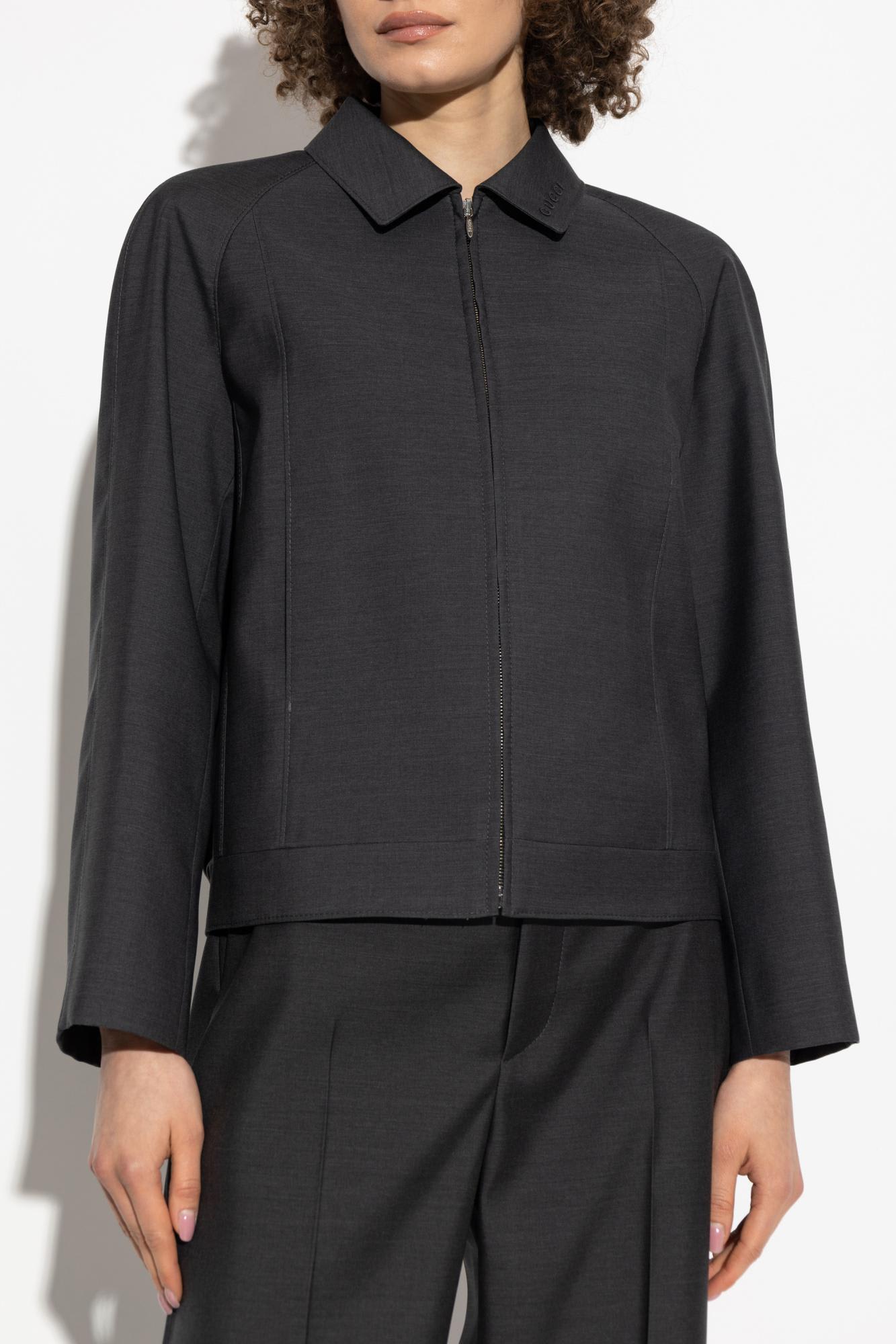 Gucci Wool Jacket With Embroidered Logo On The Collar In Grey