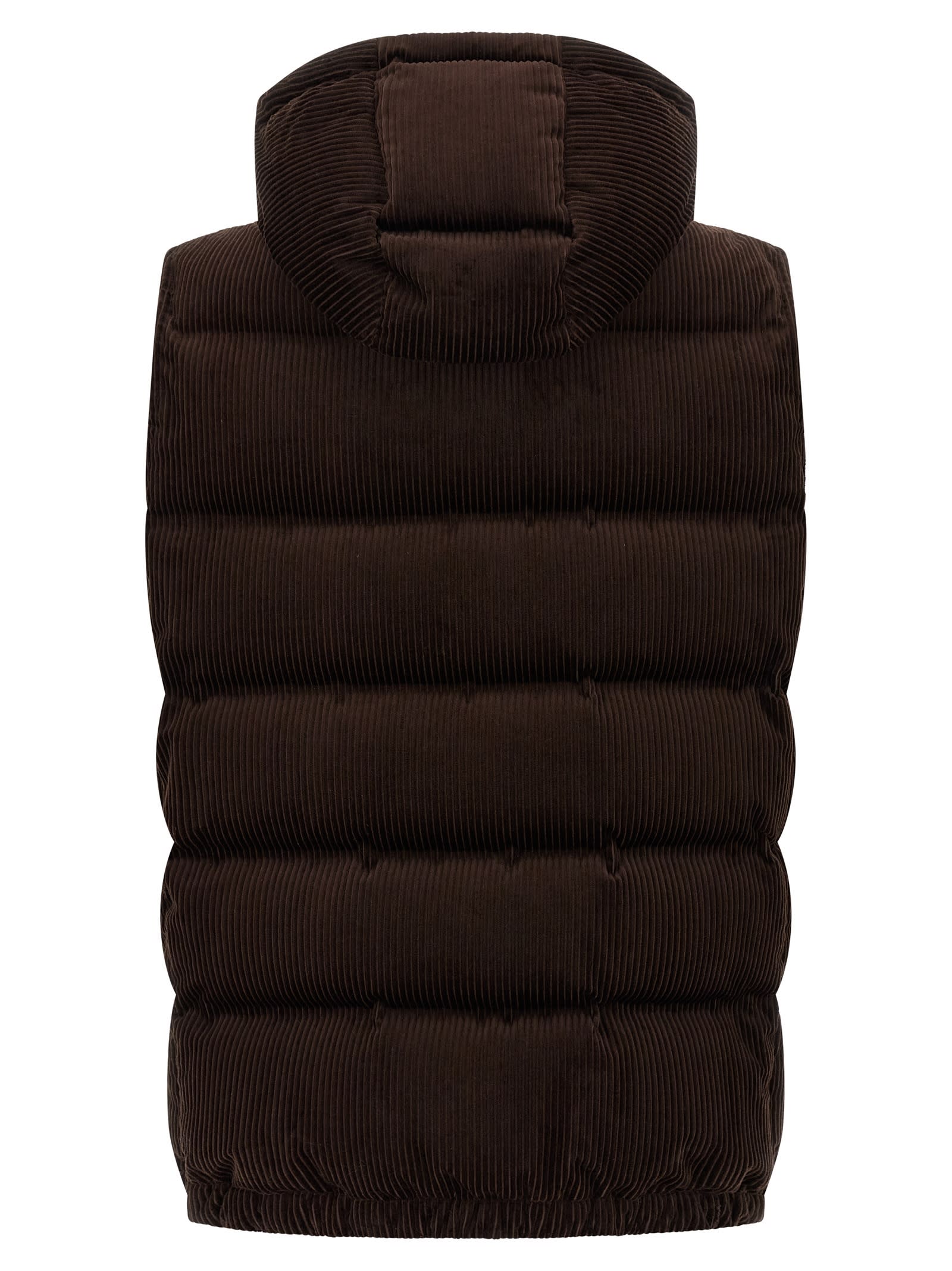 Brunello Cucinelli Velvet Padded Hooded Sleeveless Gilet In Brown