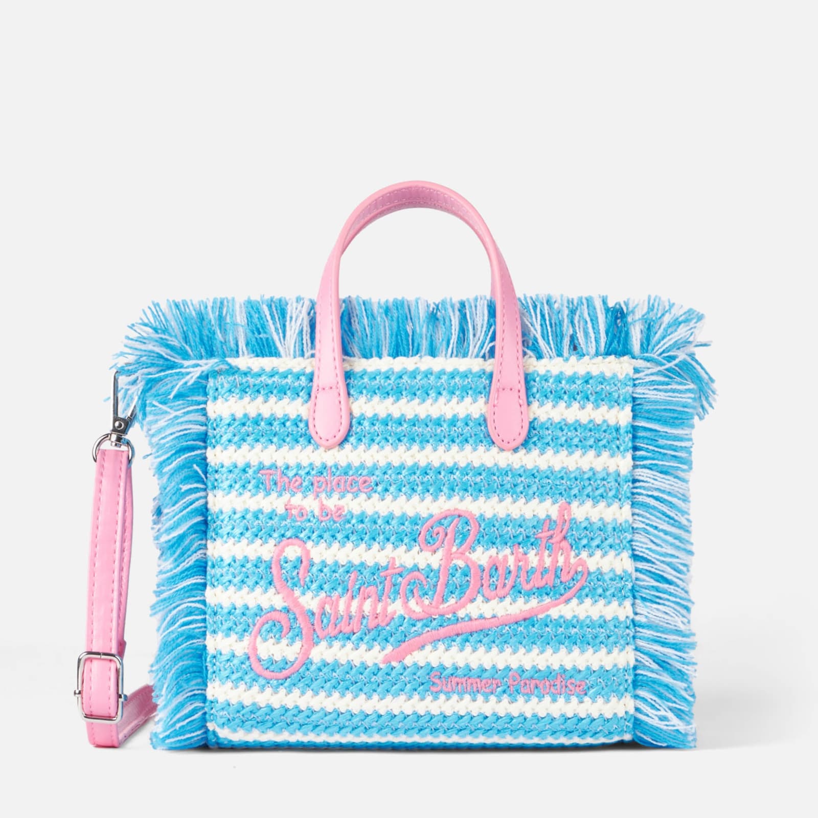 Shop Mc2 Saint Barth Mini Vanity Straw Bag With Embroidery And Stripes In Sky