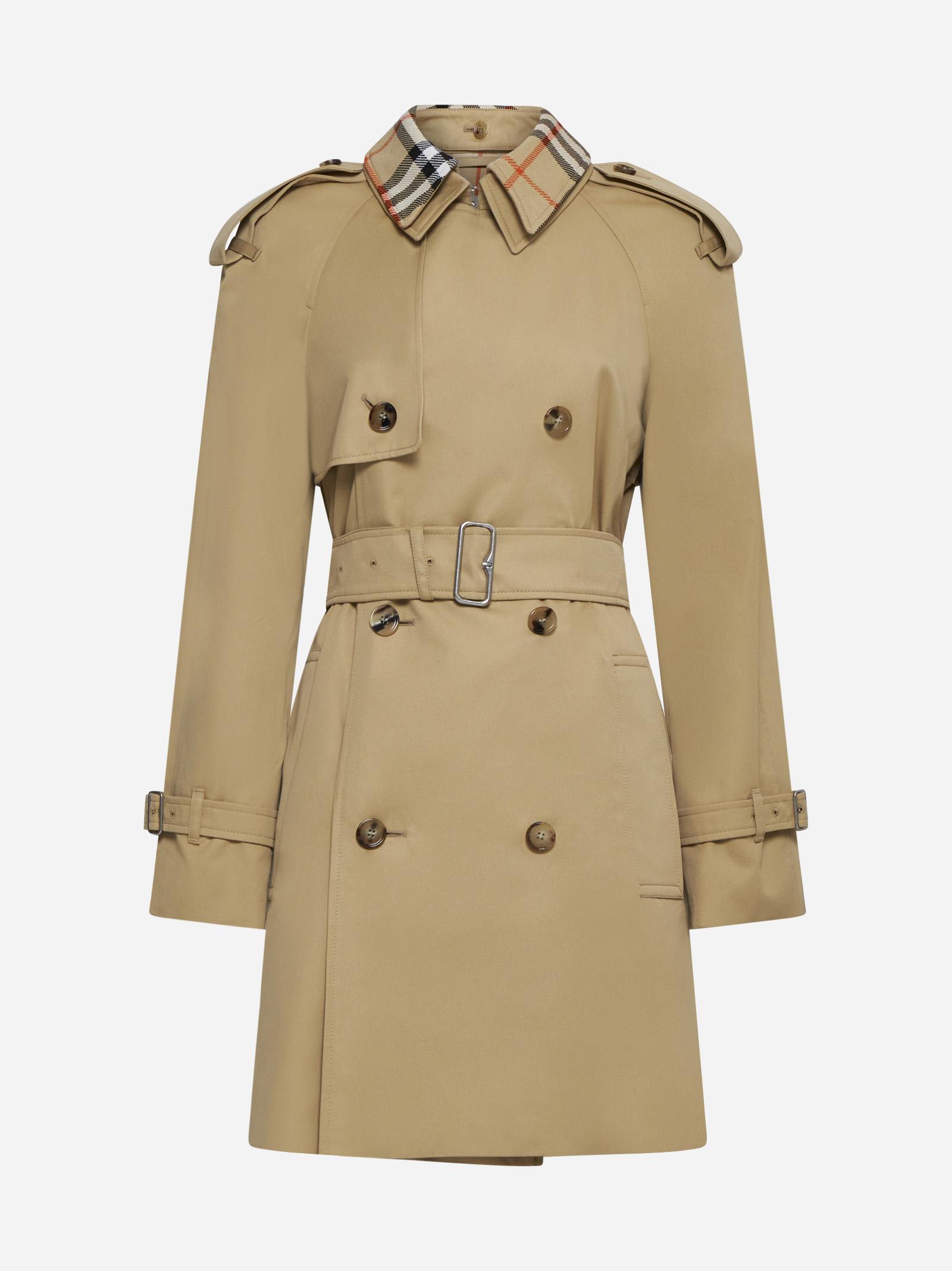 Shop Burberry Cotton Double-breasted Short Trench Coat In Beige