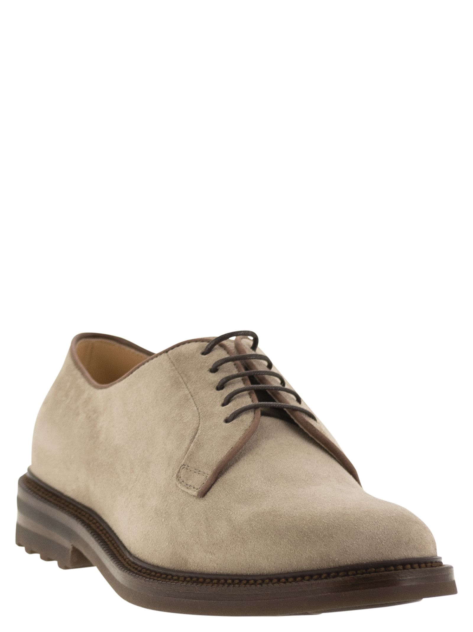 Shop Brunello Cucinelli Suede Derby In Sand