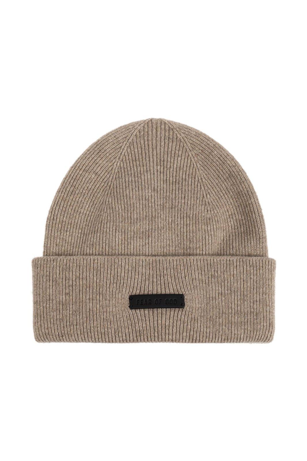 Shop Fear Of God Logo Patch Ribbed Knit Beanie In Sesame