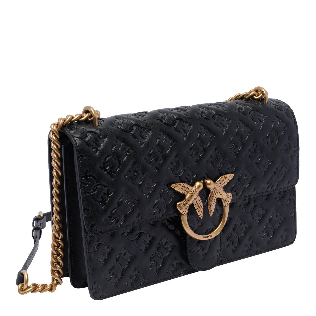 Shop Pinko Love One Classic Small Crossbody Bag In Nero/antique Gold