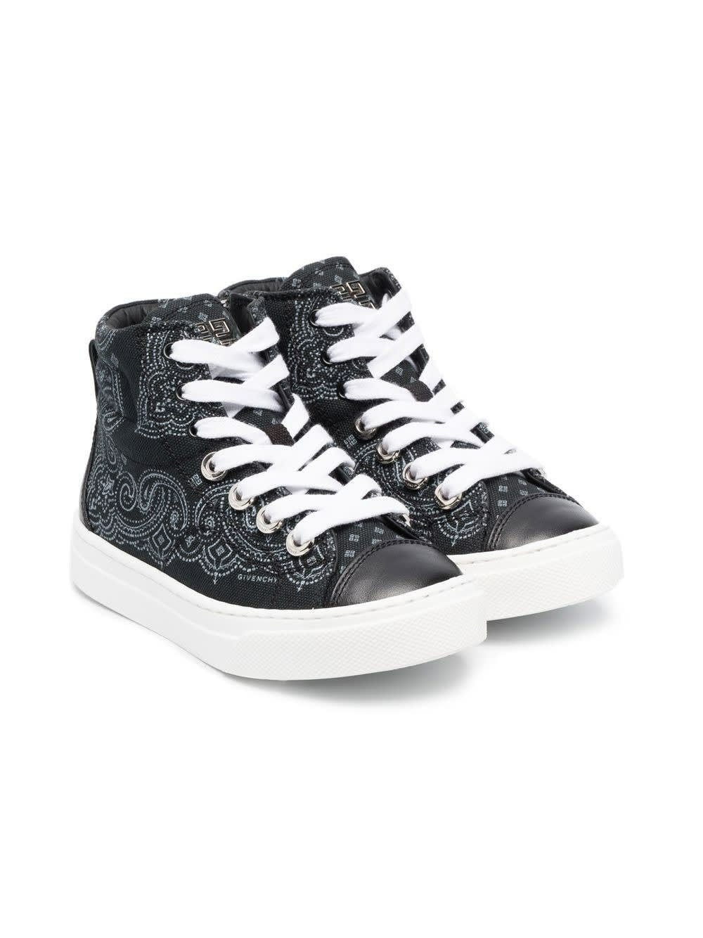 Givenchy Kids High-top Sneakers In Black Leather With Bandana Print In Nero