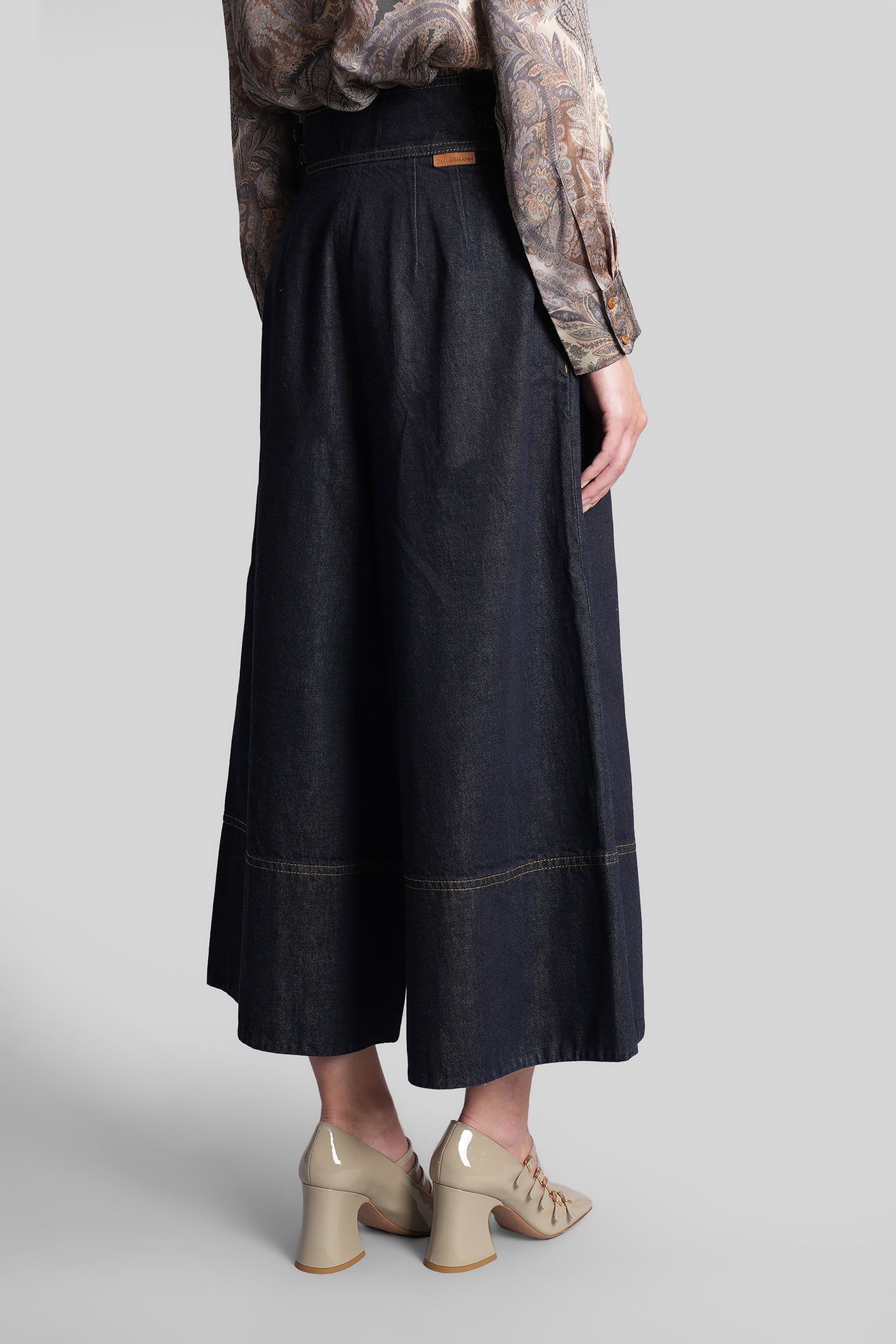 Zimmermann Buckle-detail Pleated Denim Culottes In Blue