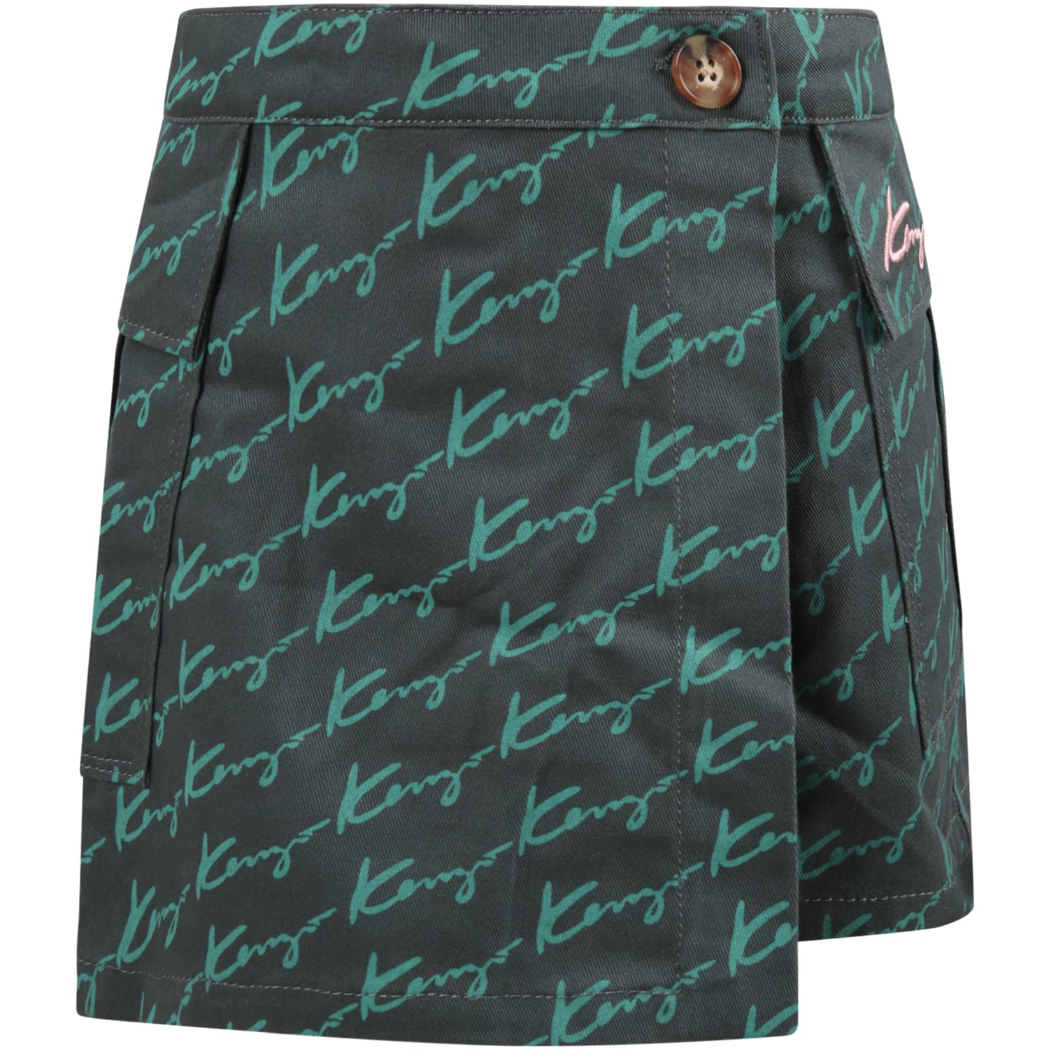 KENZO GREEN SHORTS FOR GIRL WITH PINK LOGO,K14036 669