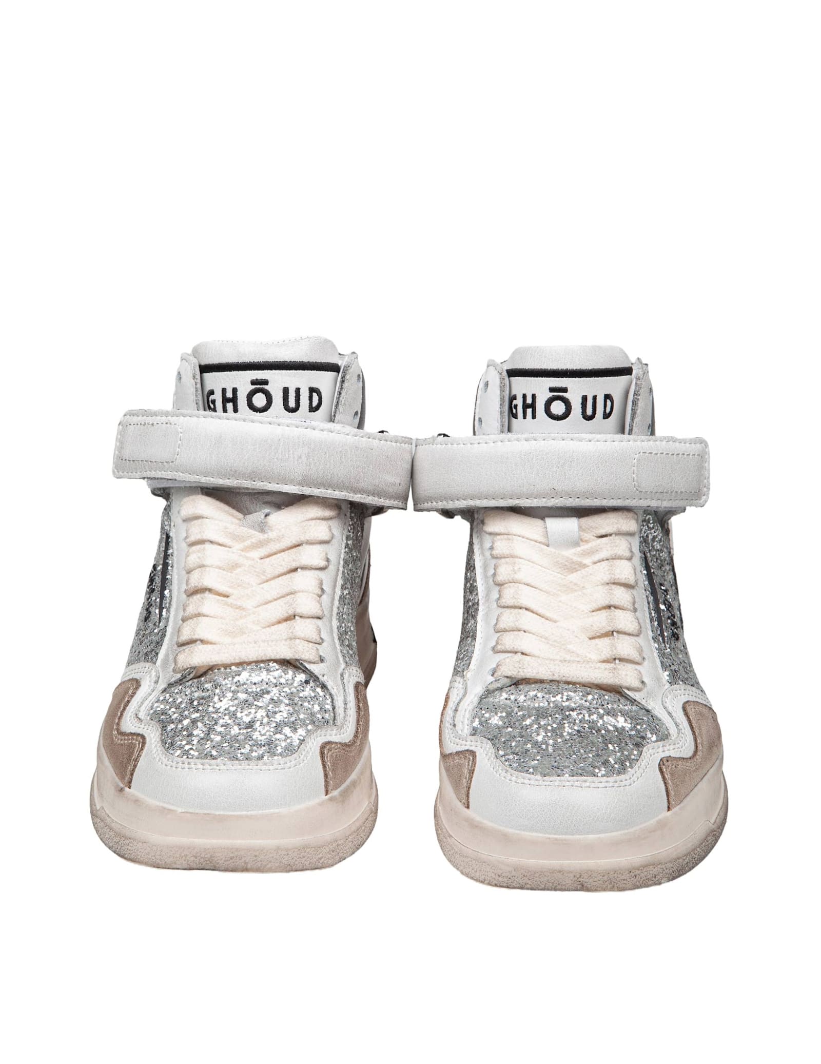 Shop Ghoud Sneakers Tweener Mid In Leather With Silver Glitter In Gray / Black