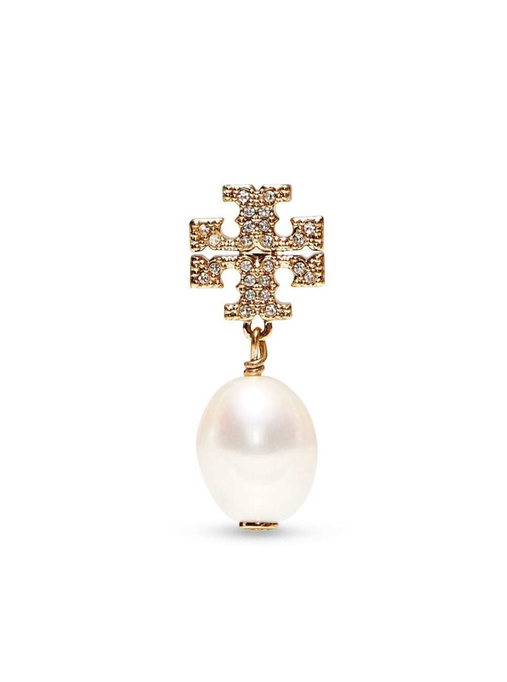 Shop Tory Burch Gold-colored Earrings With Crystal Pavè And Pearl Pendanti In Brass Woman In Metallic