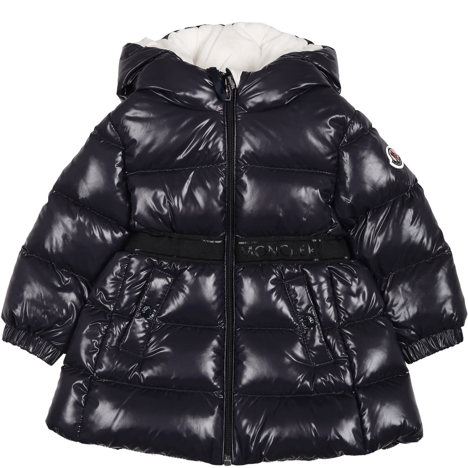 Shop Moncler Bleu Alis Down Jacket For Baby Girl With Logo