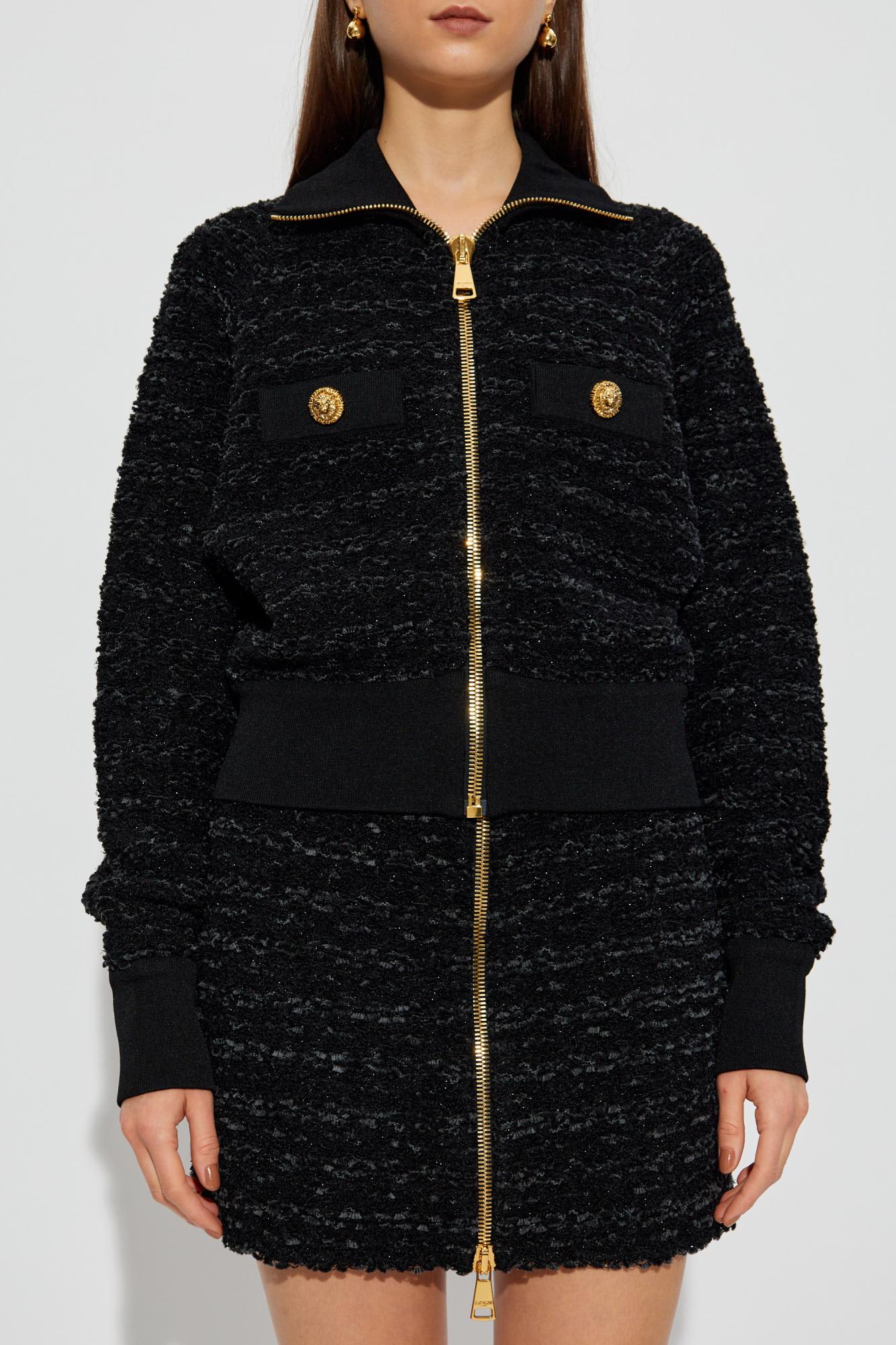 Balmain Textured Fabric Short Jacket With High Collar In Black