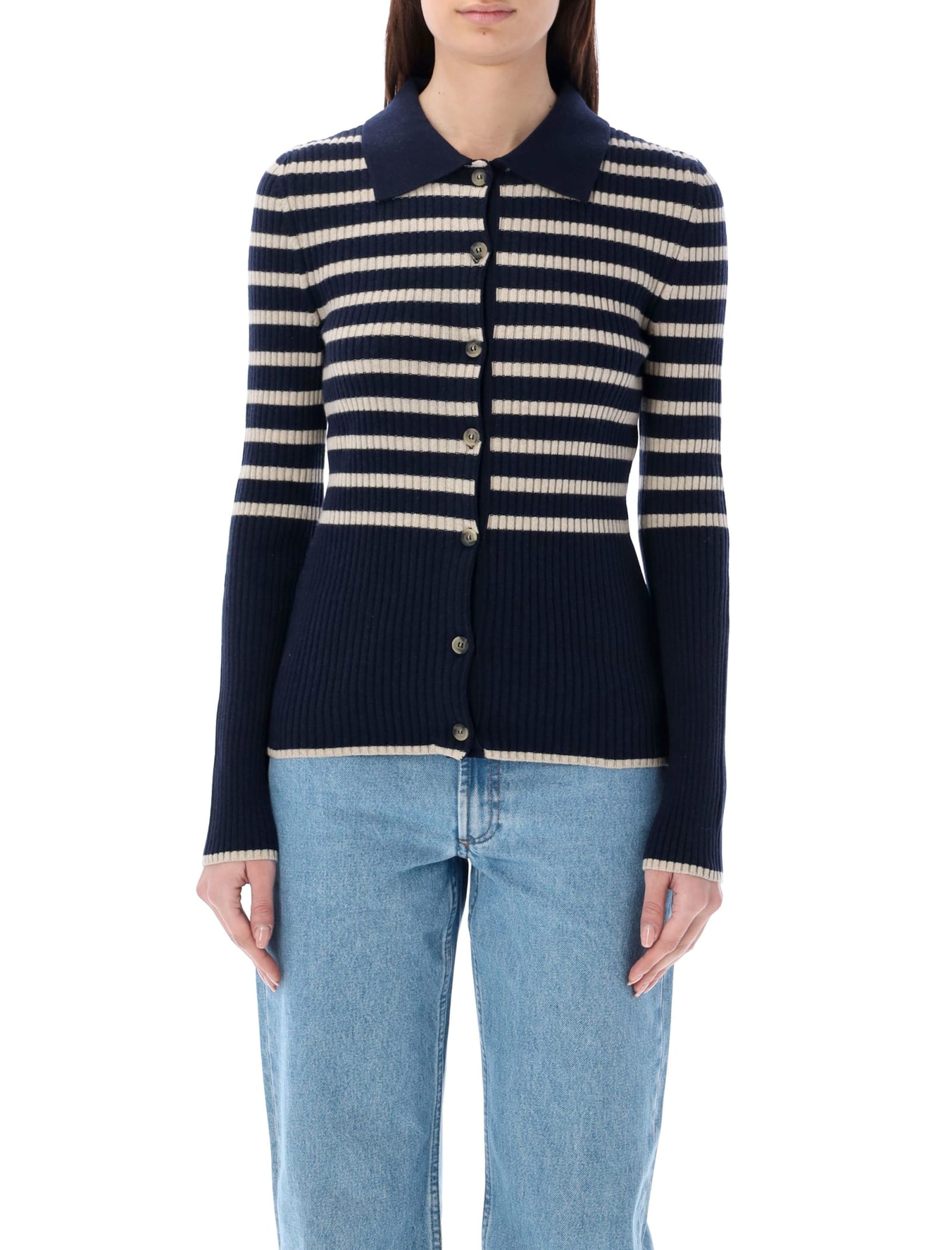 Shop Apc Mallory Cardigan In Dark Navy/ecru