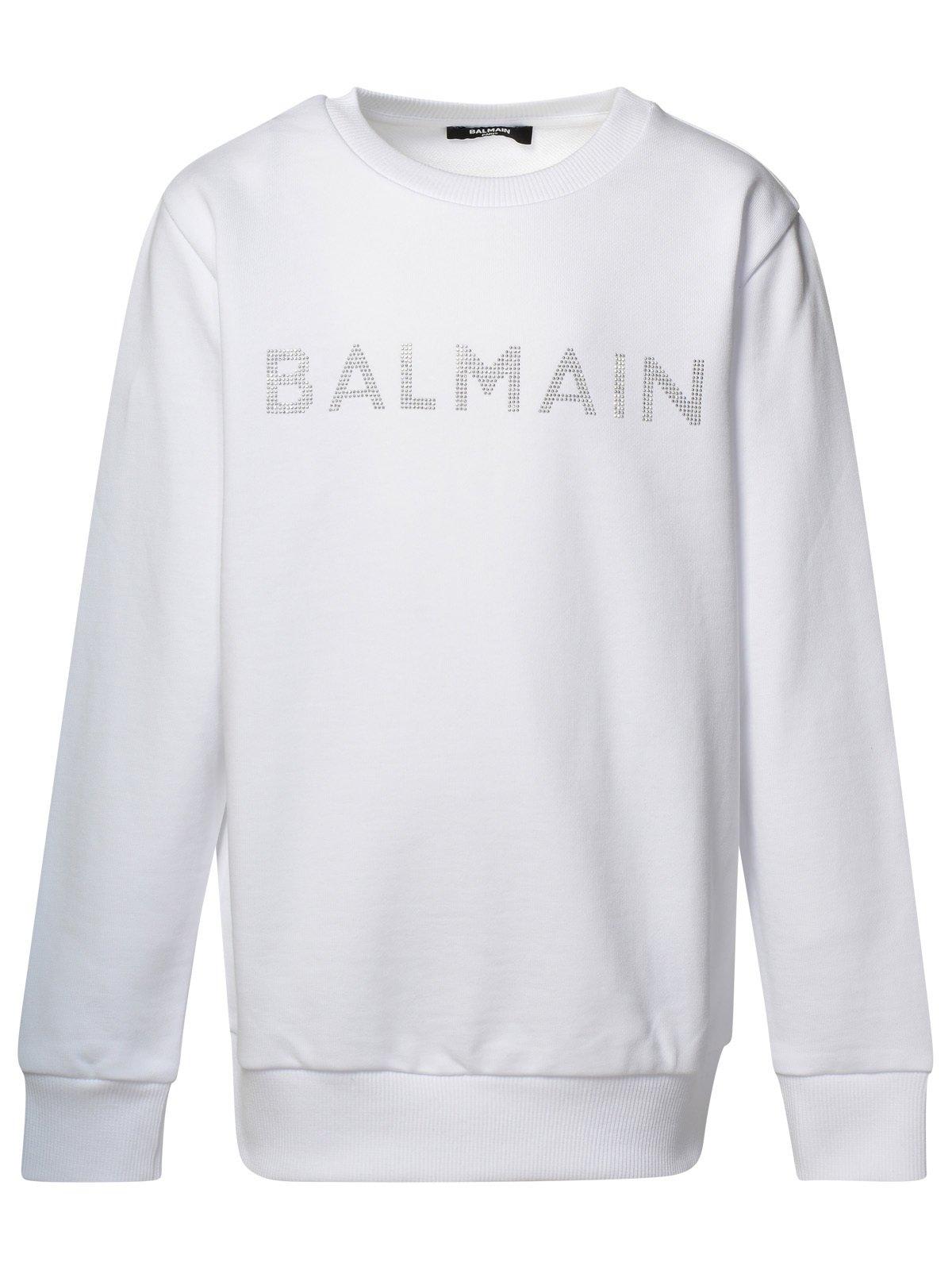 Shop Balmain Logo Embellished Crewneck Sweatshirt In White/silver