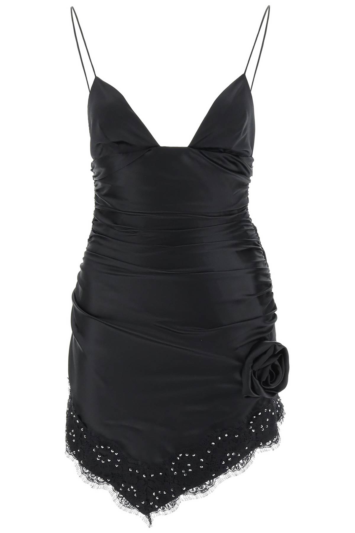 Shop Alessandra Rich Ruched Mini Dress With Diamanté Lace Trim In Black (black)
