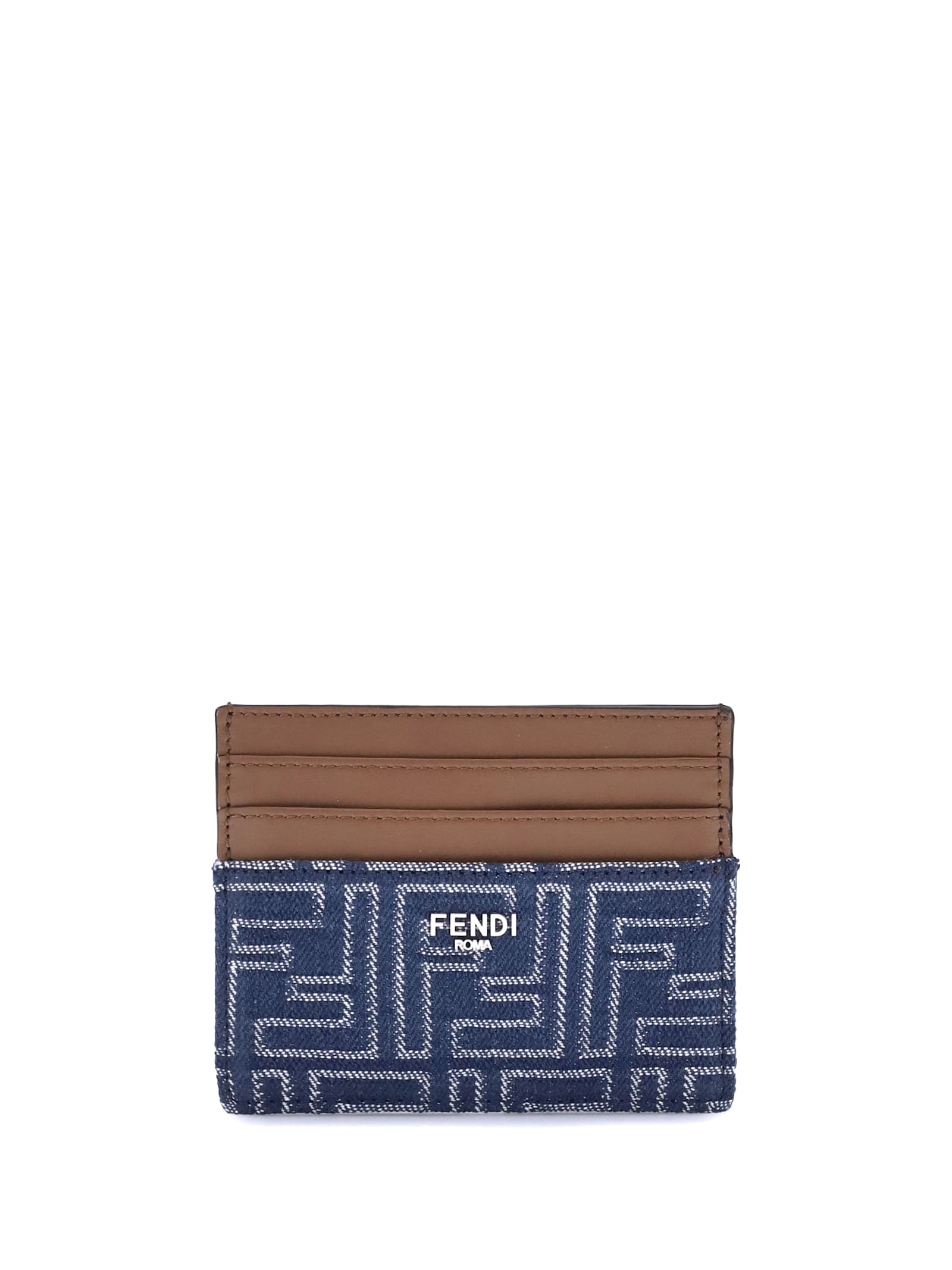 Fendi Blue Denim Effect Ff Jacquard Card Holder And Brown Leather Men In Blue