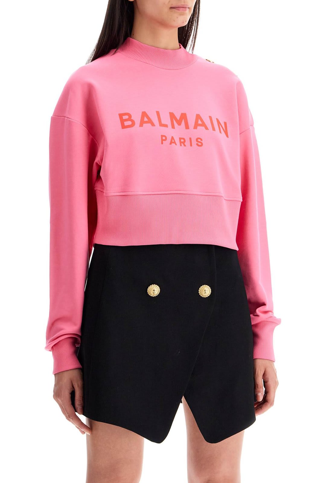 Shop Balmain Logo Printed Crewneck Cropped Sweatshirt In Rosa