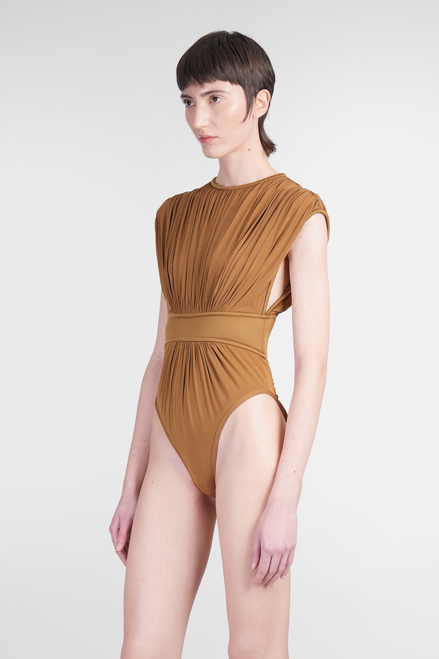 Zimmermann Silk Jersey Bodysuit With Gathered Detailing In Kha Khaki