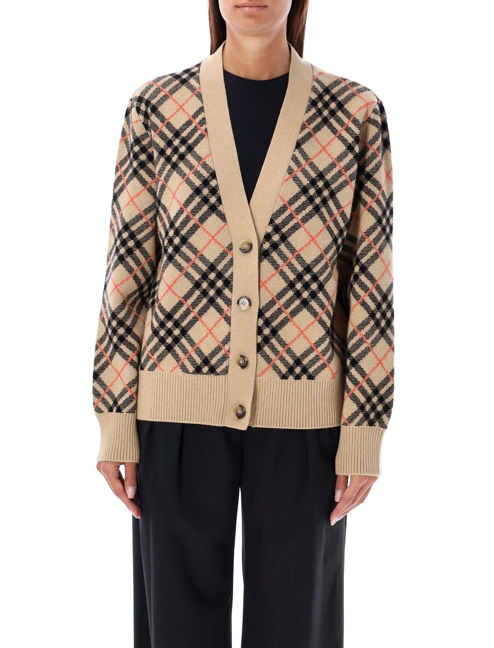 Shop Burberry Check Cashmere Cardigan In Sand Ip Check