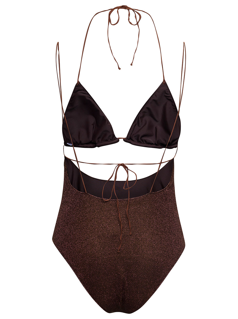 Shop Oseree Lumiere Kini Maillot Brown Swimsuit With Cut-out Detail In Lurex Woman
