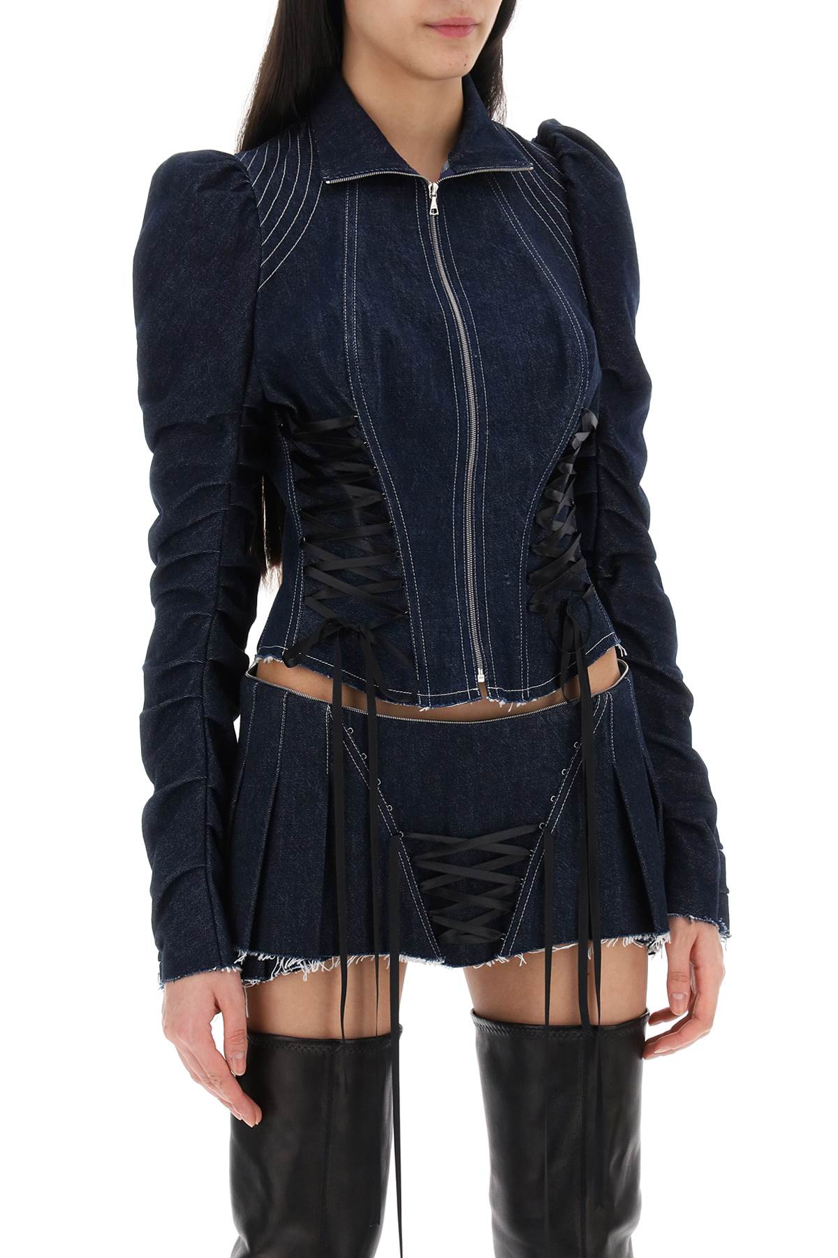 Shop Dilara Findikoglu Denim Jacket With Corset Detailing In Indigo (blue)