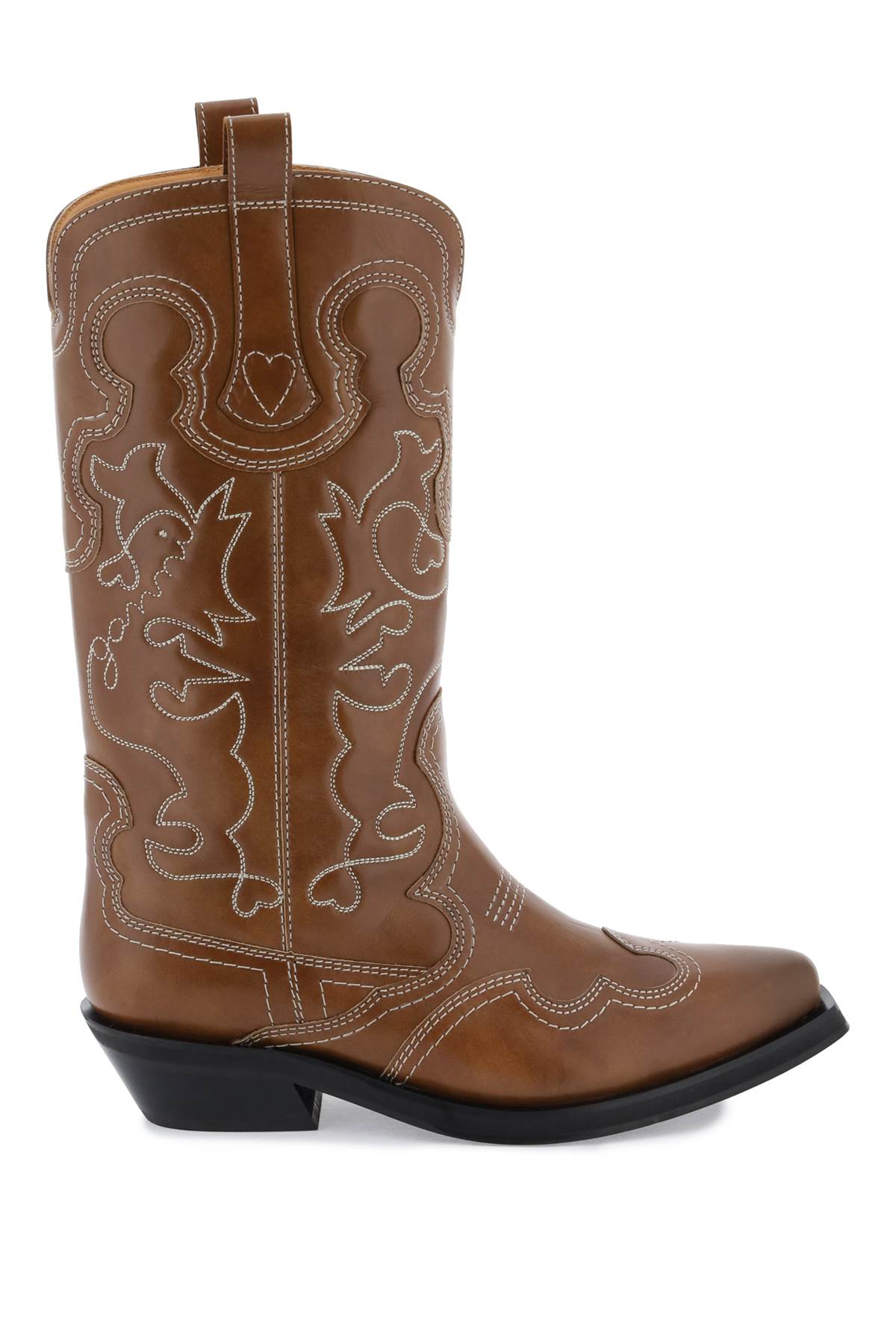 Shop Ganni Embroidered Western Boots In Leather Brown