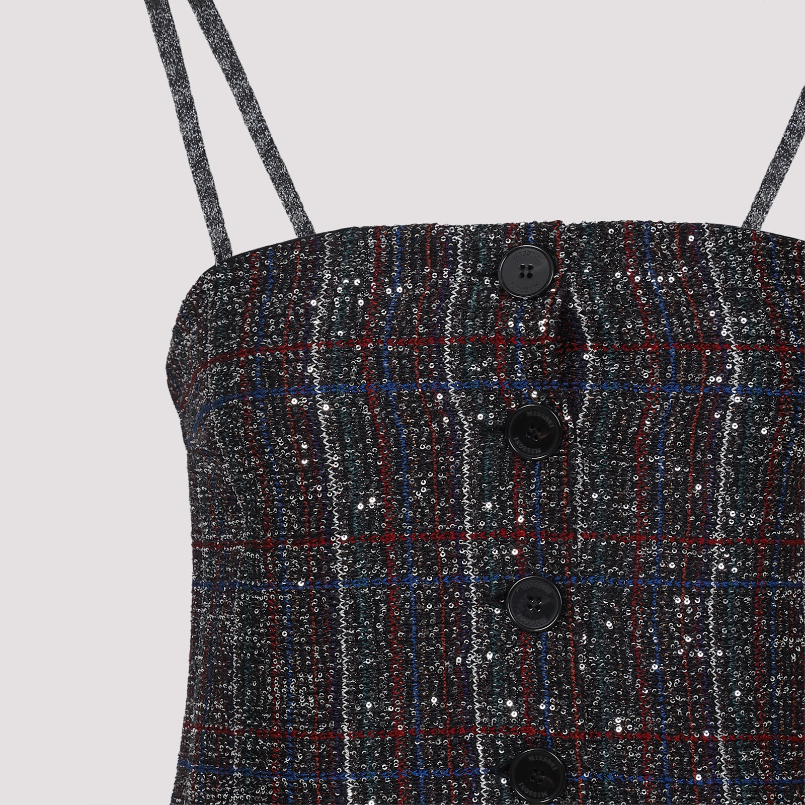Missoni Spaghetti Strap Plaid Dress Featuring Buttons In Black