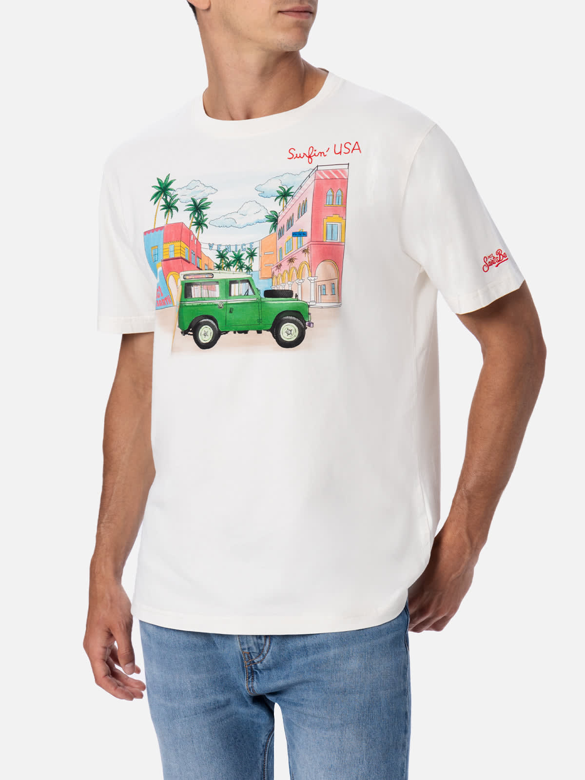 MC2 SAINT BARTH MAN COTTON T-SHIRT WITH PLACED PRINT AND SURFINUSA EMBROIDERY