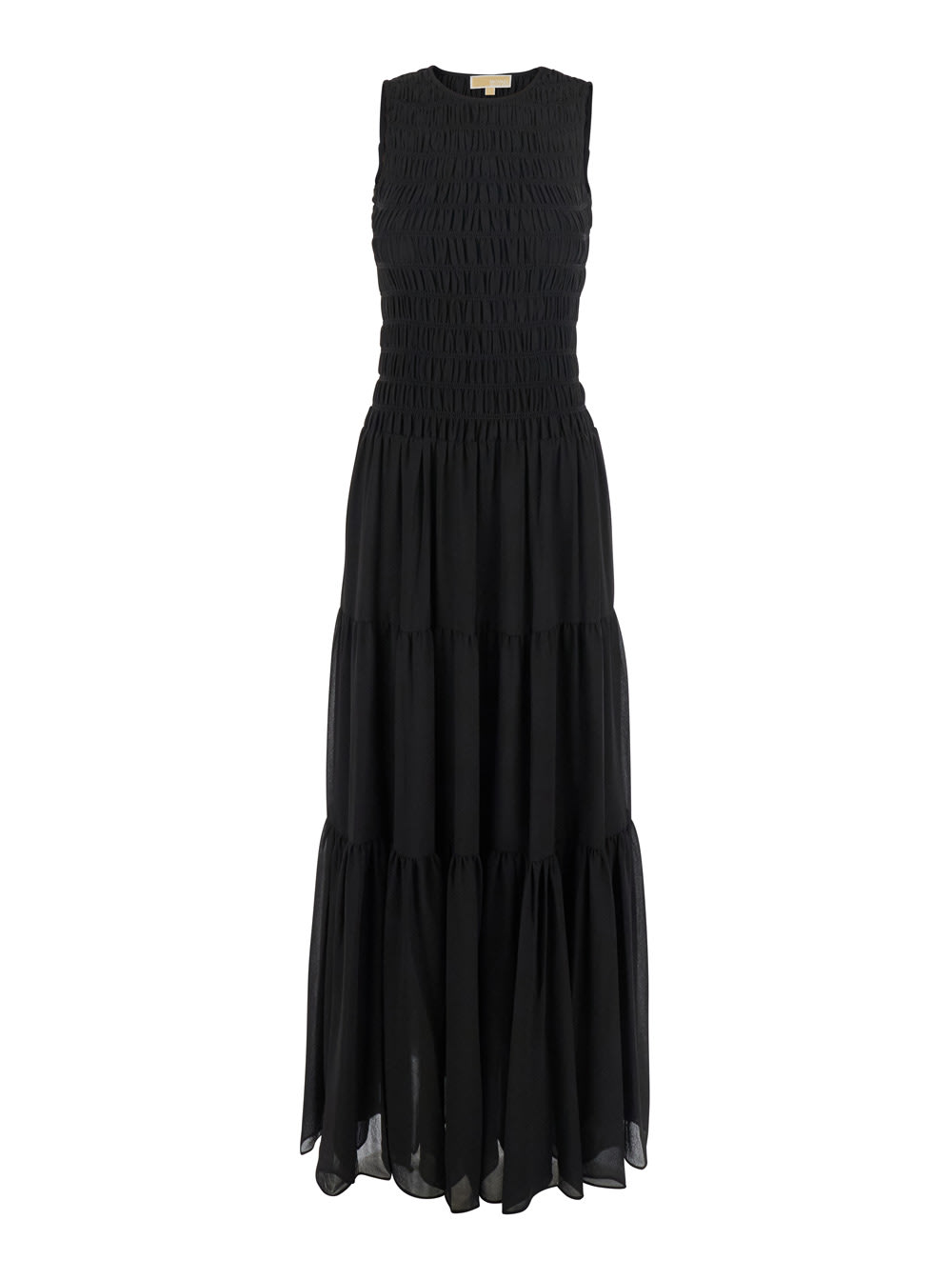 Michael Kors Black Crewneck Sleeveless Long Dress With Ruches And Ruffled Skirt In Tech Fabric Woman In Black