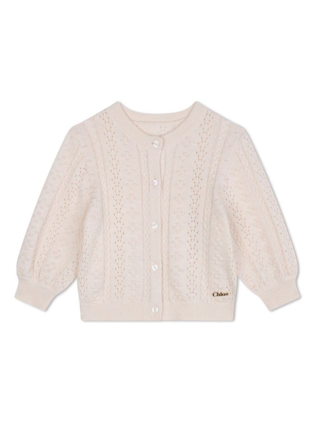 Shop Chloé White Crewneck Cardigan With Logo Lettering On The Front In Cotton And Wool Blend Baby
