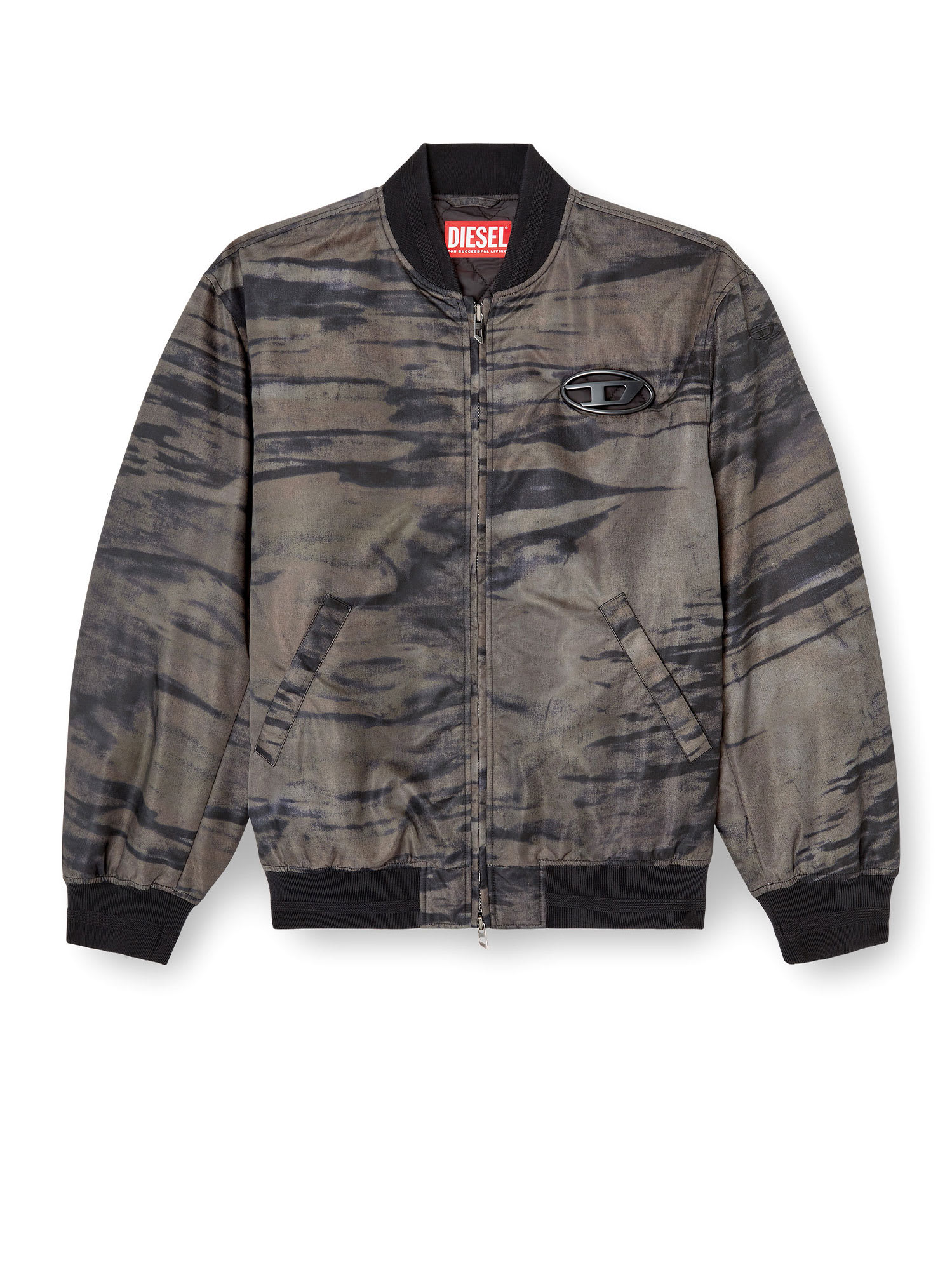 Diesel Padded Bomber Jacket In Printed Satin In Black