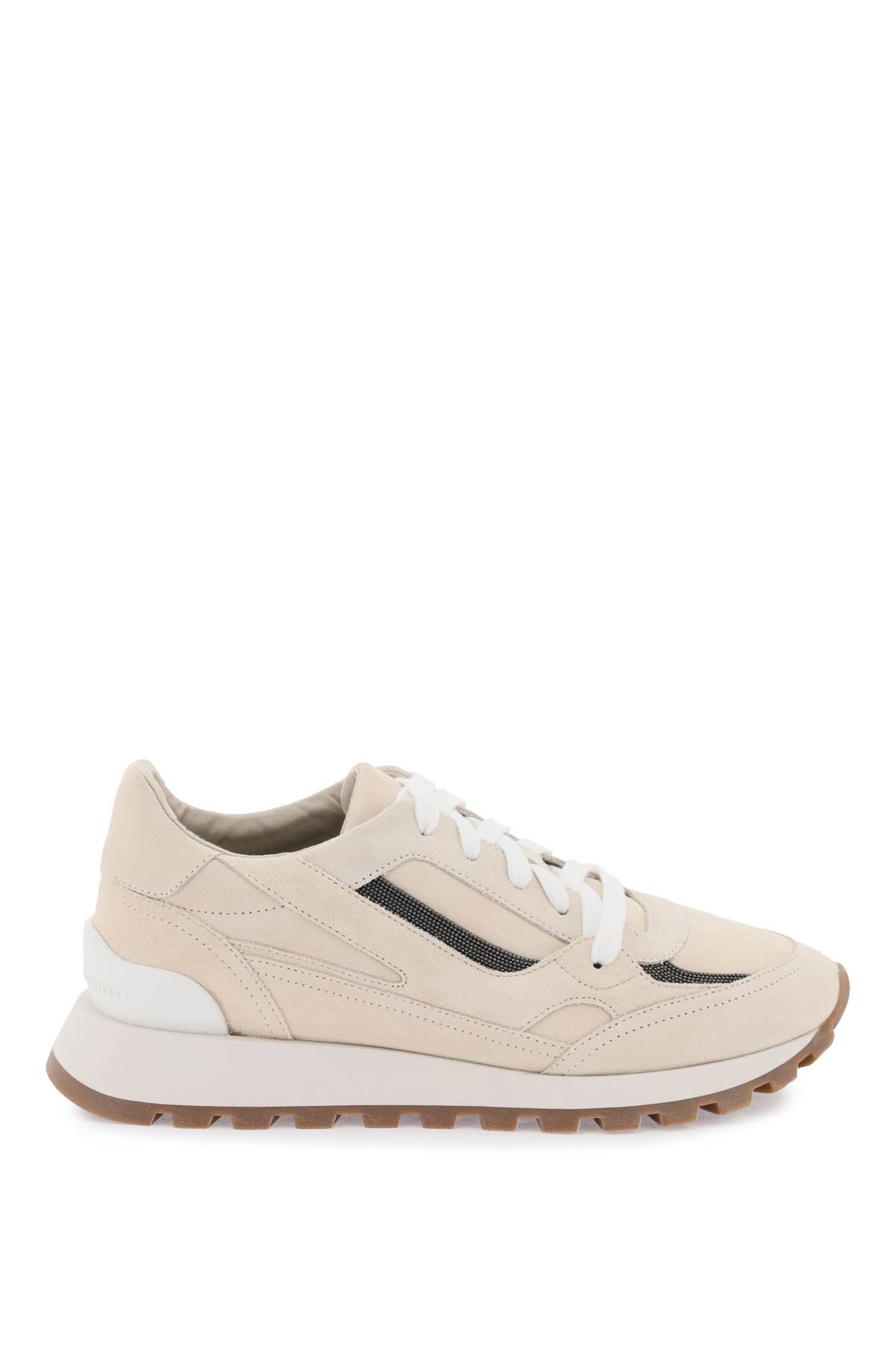 Shop Brunello Cucinelli Suede Sneakers With Monili Insets In Yellow Cream
