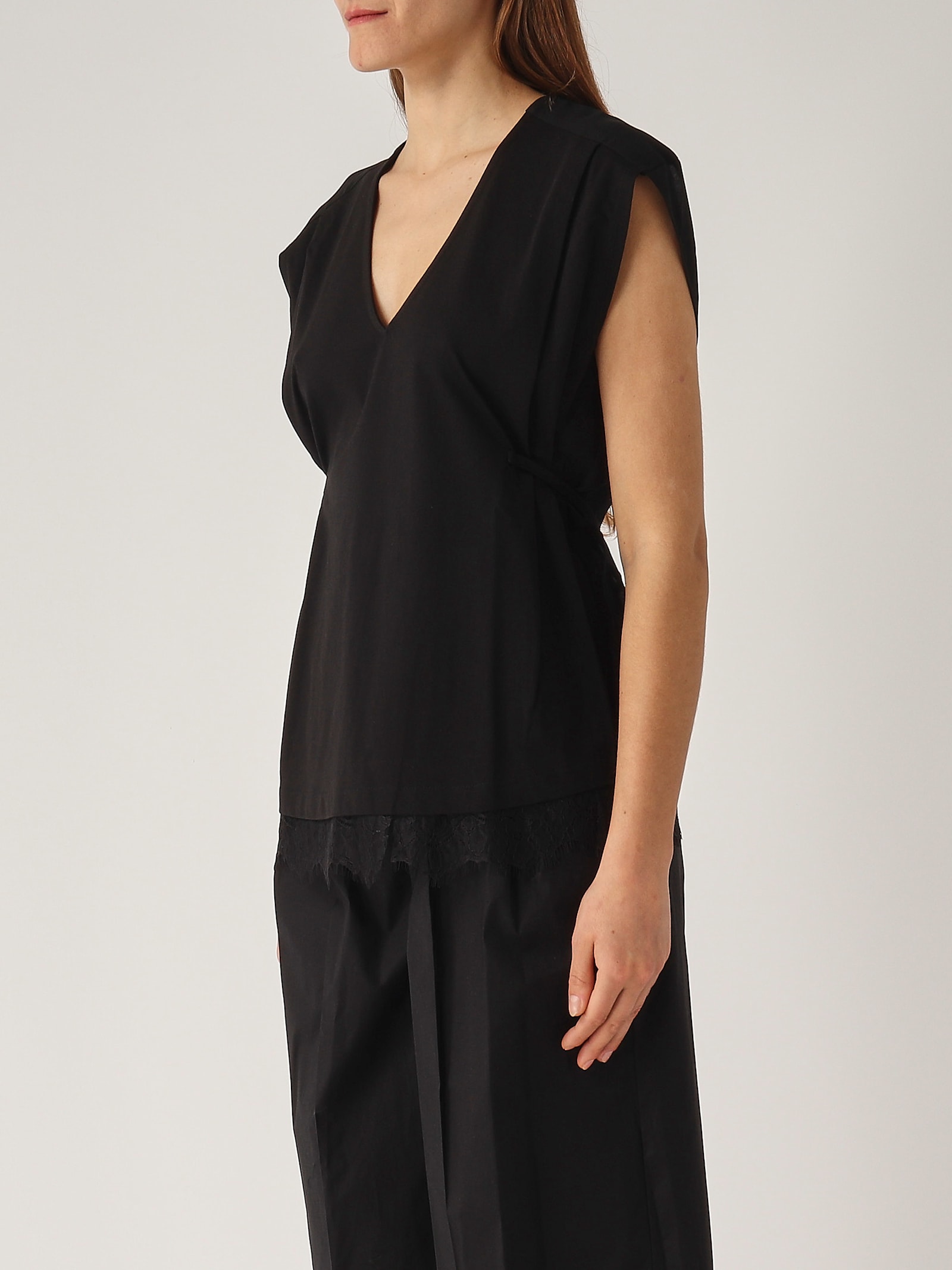 Twinset Black Cotton Blended Top With Rear Tie Fastening In Nero