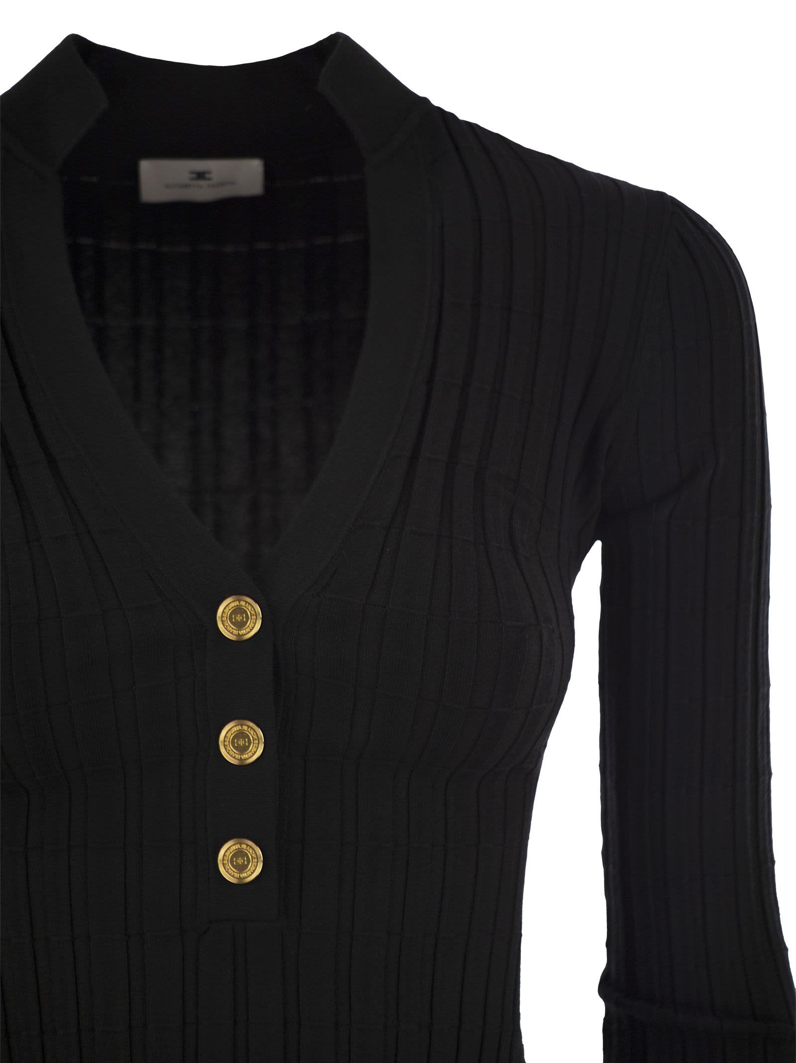 Shop Elisabetta Franchi Ribbed Viscose Sweater With Button Placket  In Black