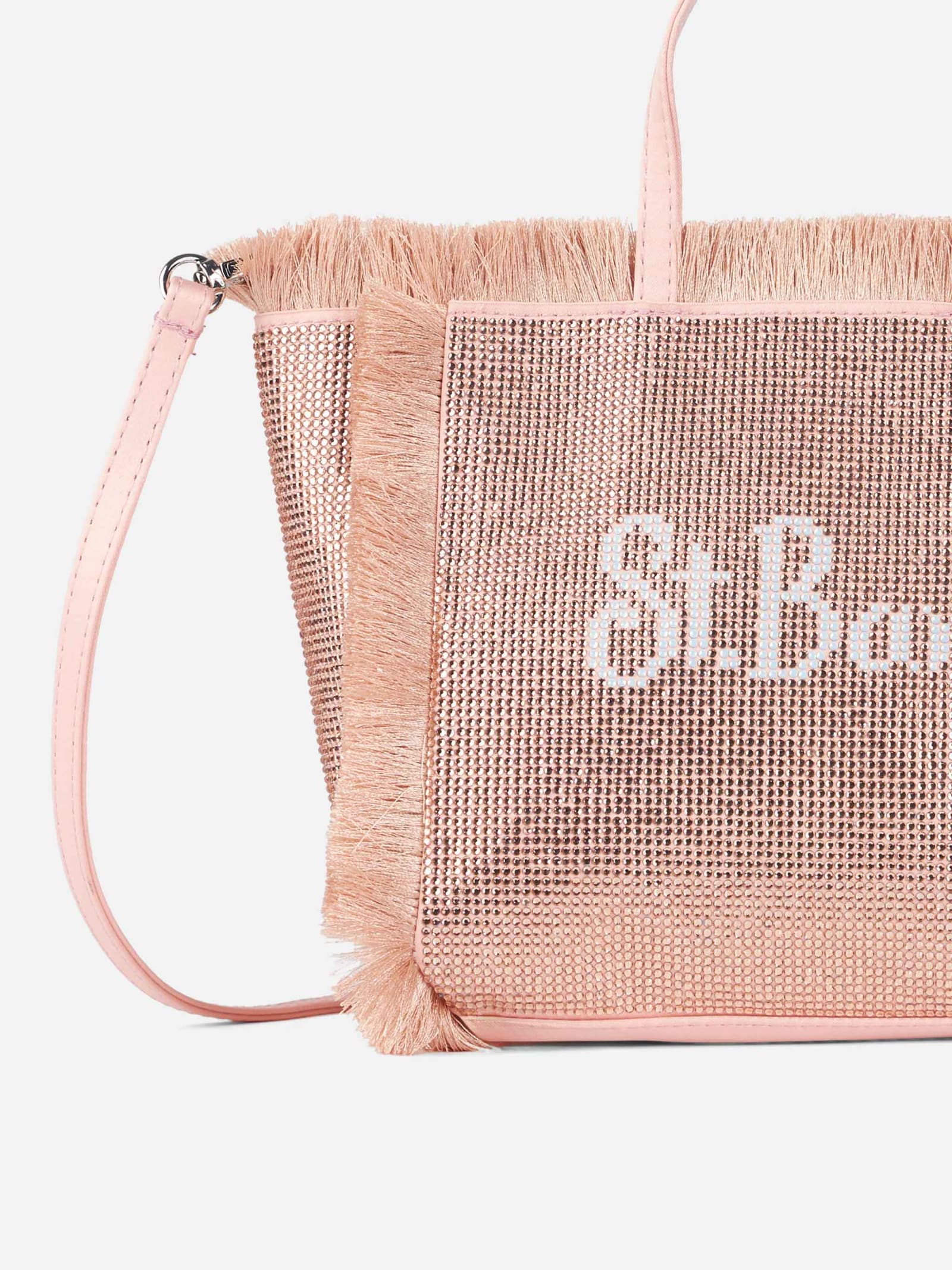 Shop Mc2 Saint Barth Mini Vanity Fringed Bag With Rose Gold Rhinestones In Pink