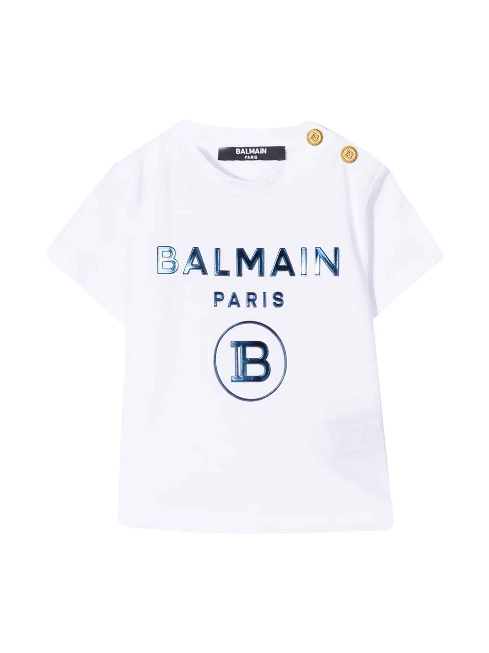 Balmain White Baby T-shirt With Blue Print