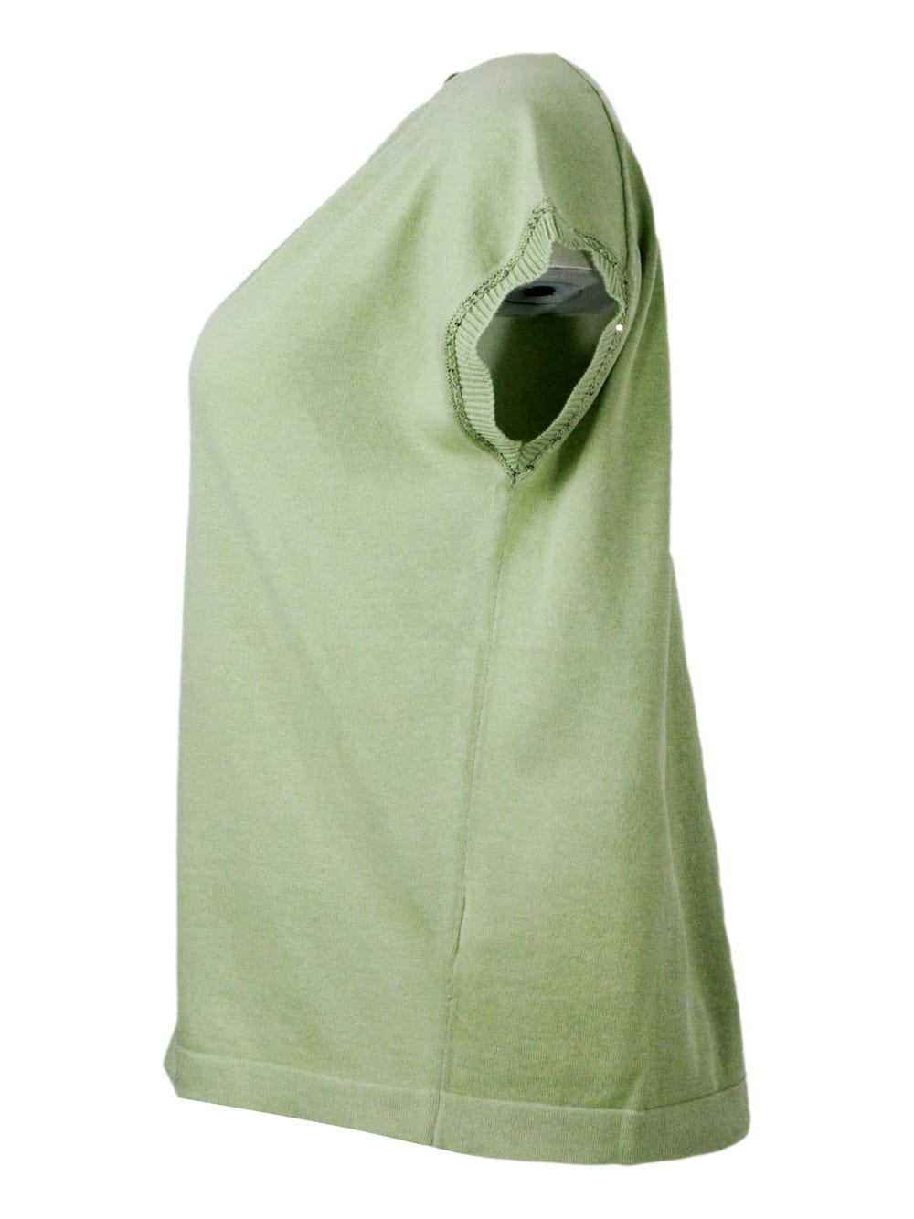 Shop Fabiana Filippi Sleeveless V-neck Sweater In Lightweight Cotton Embellished With Brilliant Applied Micro Sequins In Green