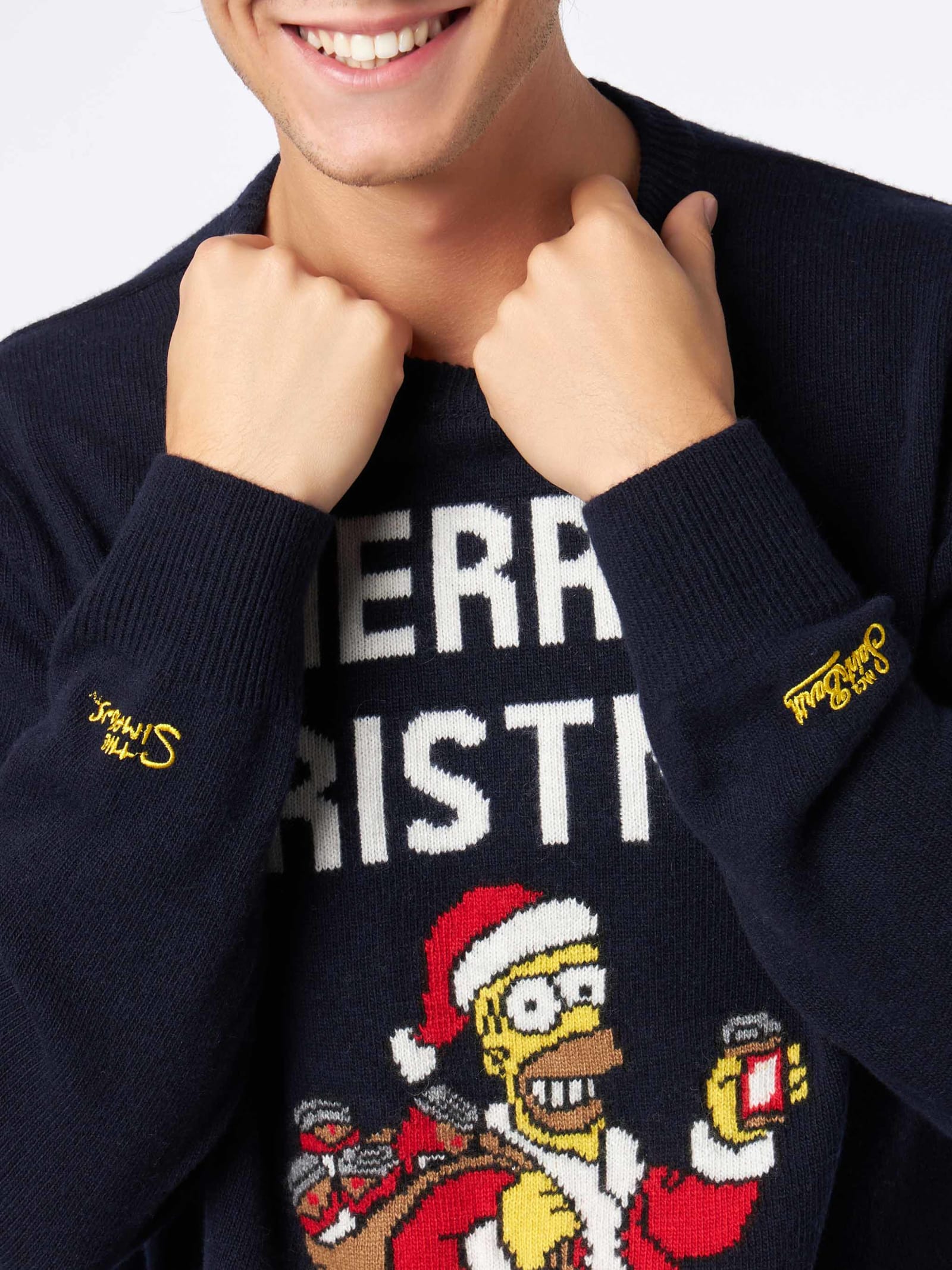 Shop Mc2 Saint Barth Man Crewneck Sweater With Homer Simpson Jacquard Print The Simpsons Special Edition In Blue