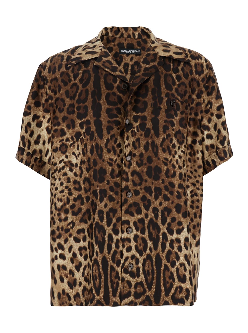 Brown Bowling Shirt With Cuban Collar And All-over Leopard Print In Silk Man