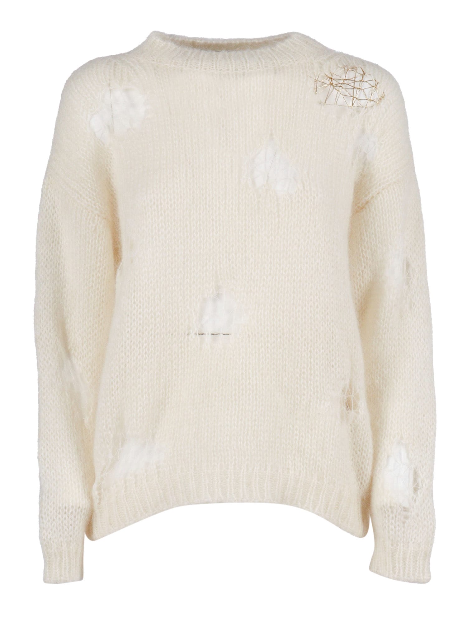 Fabiana Filippi Mohair Ripped Effect Crewneck Sweater With Gold Detail In Neutral