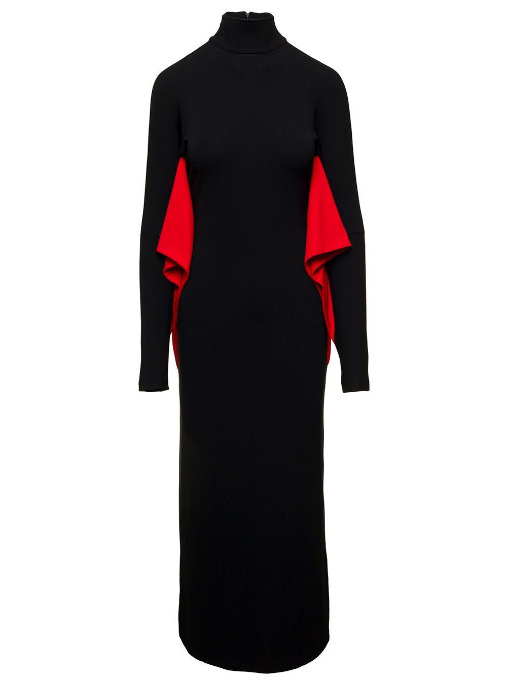 Long Black Dress With Batwing Sleeves With Contrasting Inserts In Stretch Viscose Woman